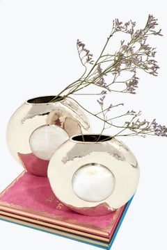 Set Salta Florero Redondo Mediano y Grande, Plata Alpaca y Piedra Ónix Crema