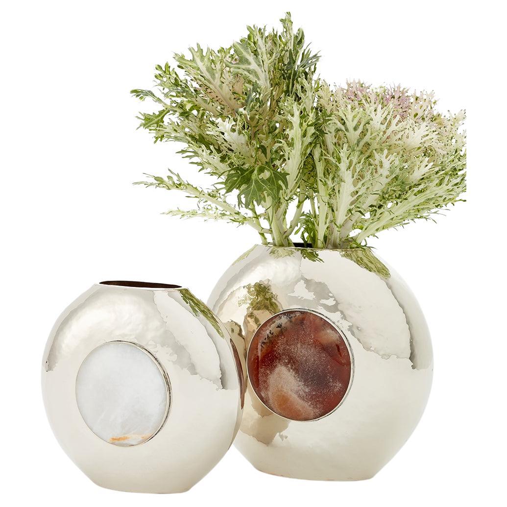 Set Salta Round Medium & Large Flower Vases, Alpaca Silver & Onyx Stone For Sale