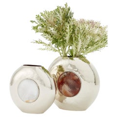 Ensemble de vases à fleurs ronds et grands Salta de taille moyenne, argent d'alpaga et pierre d'onyx