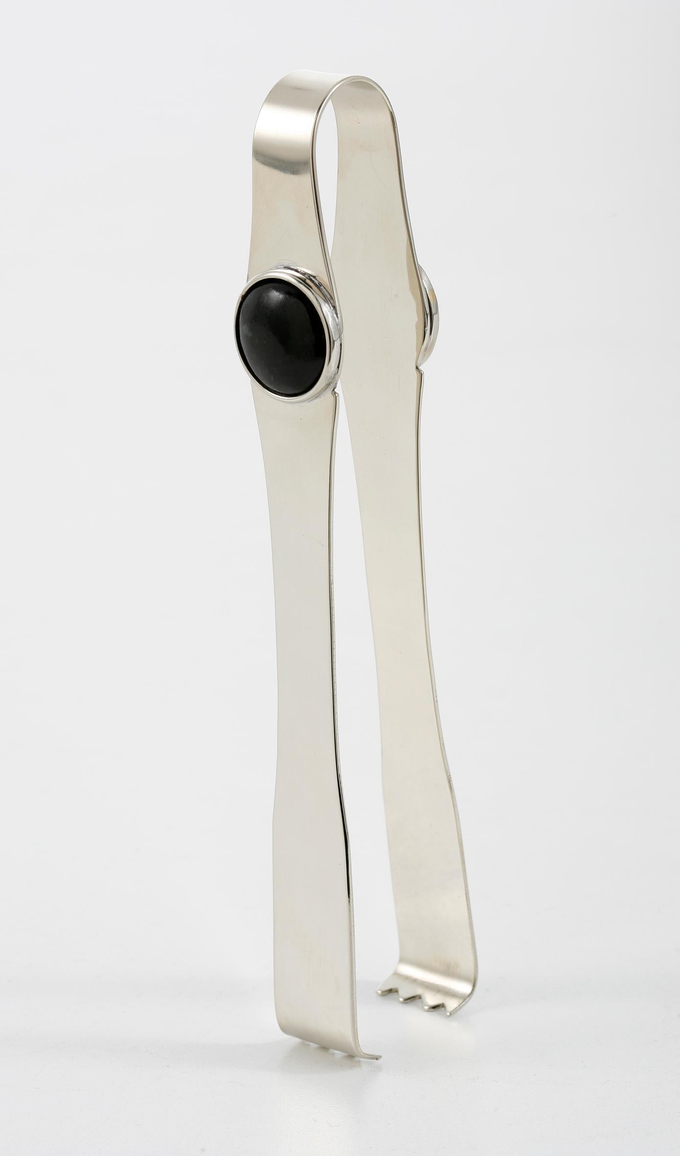 Organic Modern Set Salta Small Ice Bucket & Tong Silver Alpaca & Black Onyx Stone For Sale