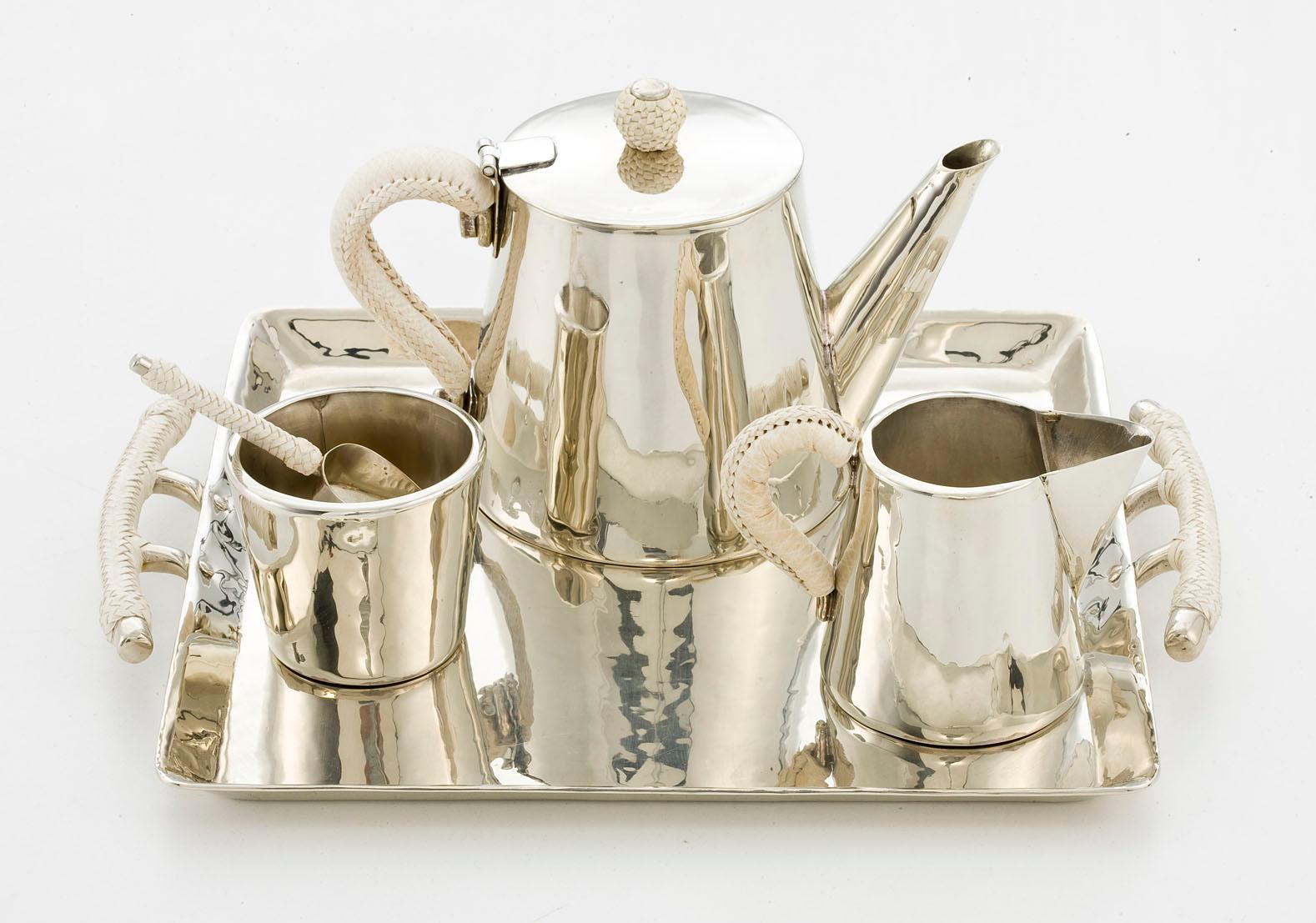 SET Salta Quadratische Ledertabletts, Alpaka Silber & Leder (Moderne) im Angebot