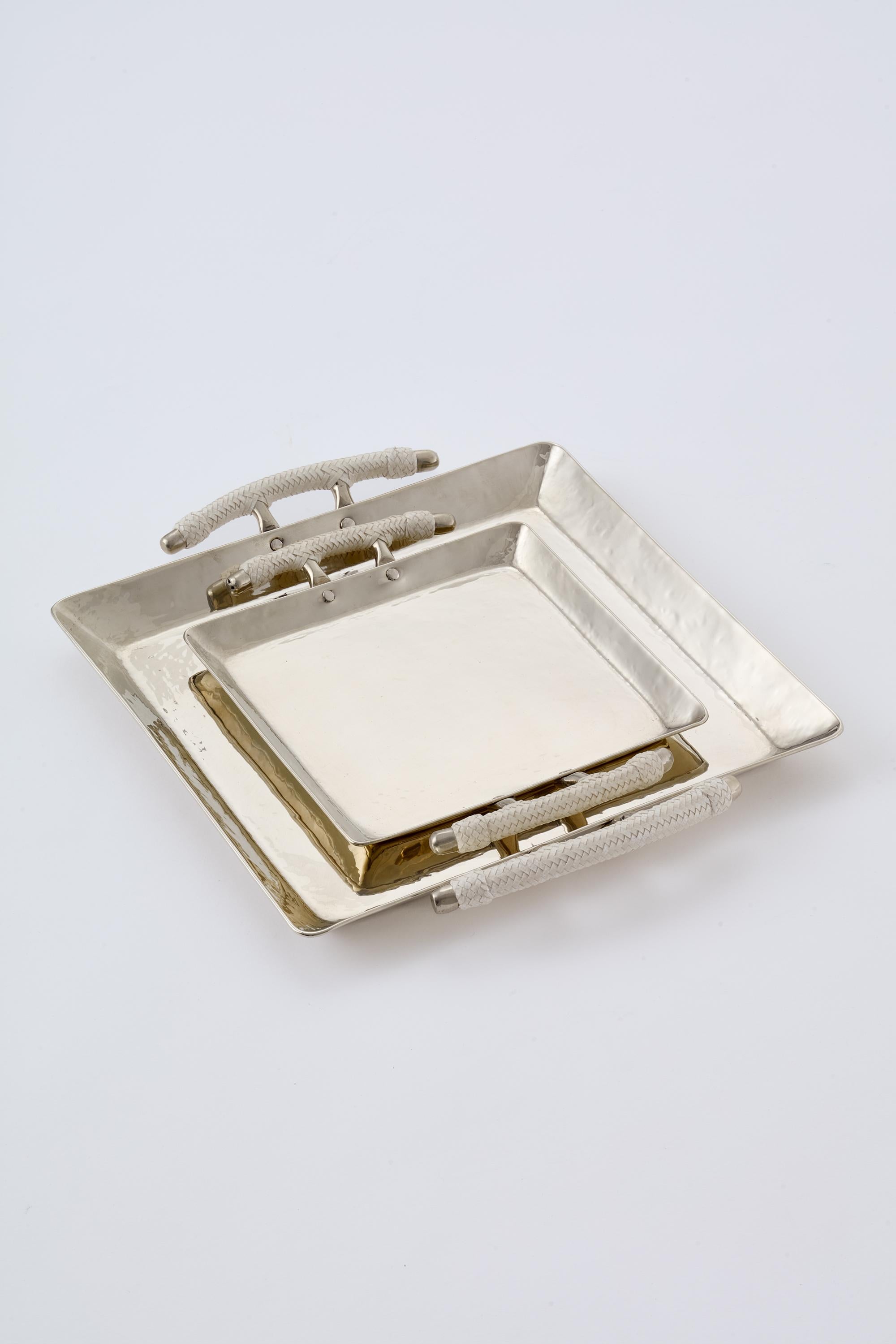 SET Salta Quadratische Ledertabletts, Alpaka Silber & Leder (Argentinisch) im Angebot