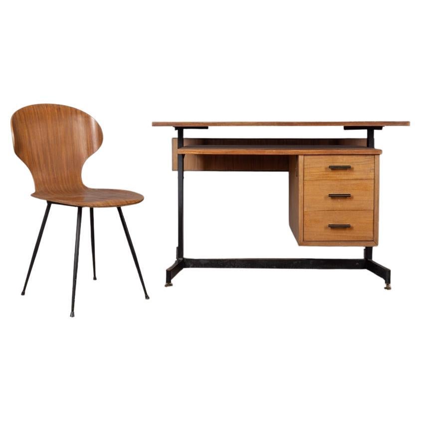 1960s vintage wooden desk and chair set Italian design