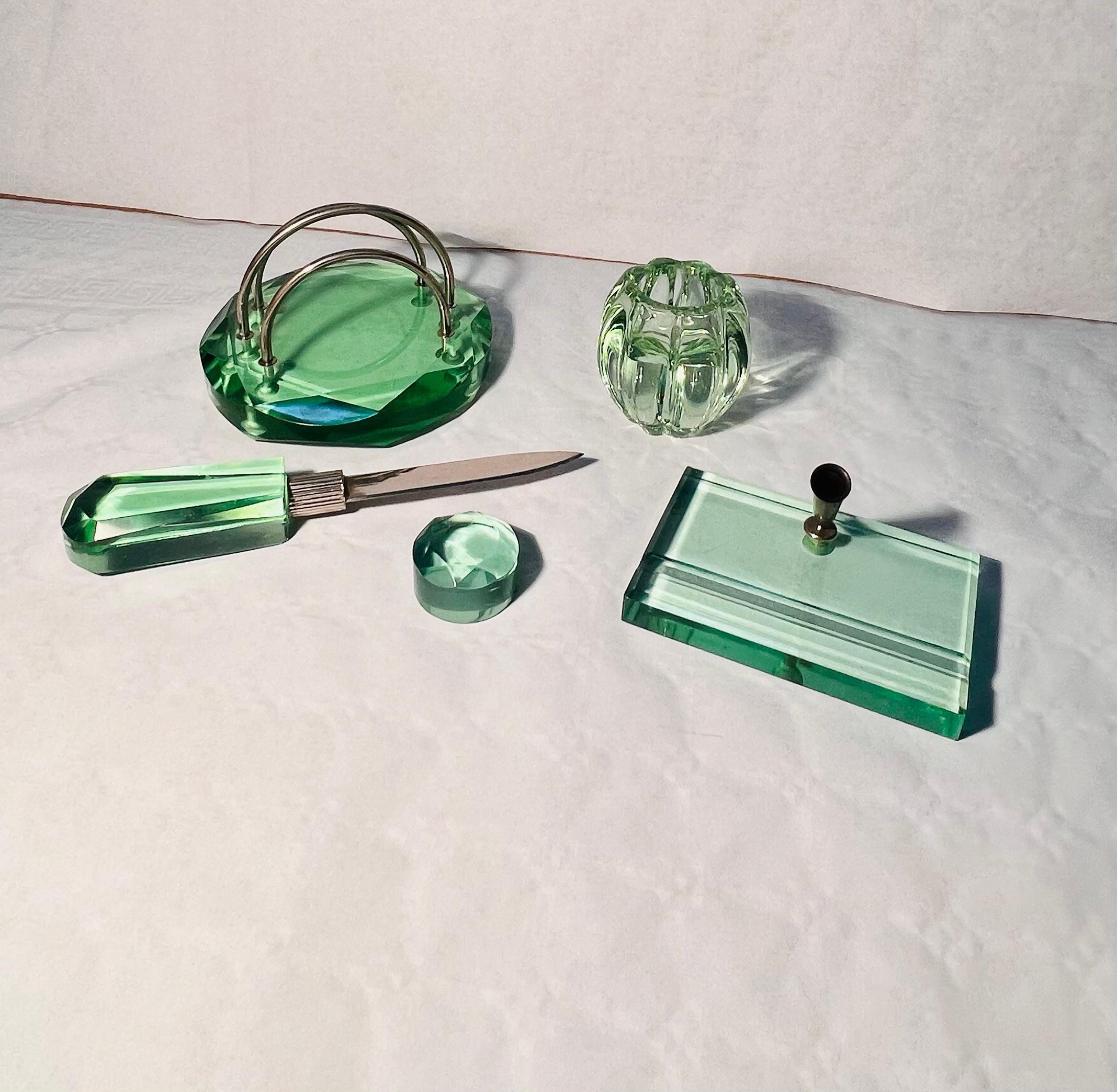 Art Déco Set Scrivania Fontana Arte in Vetro di Murano verde Nilo in vendita