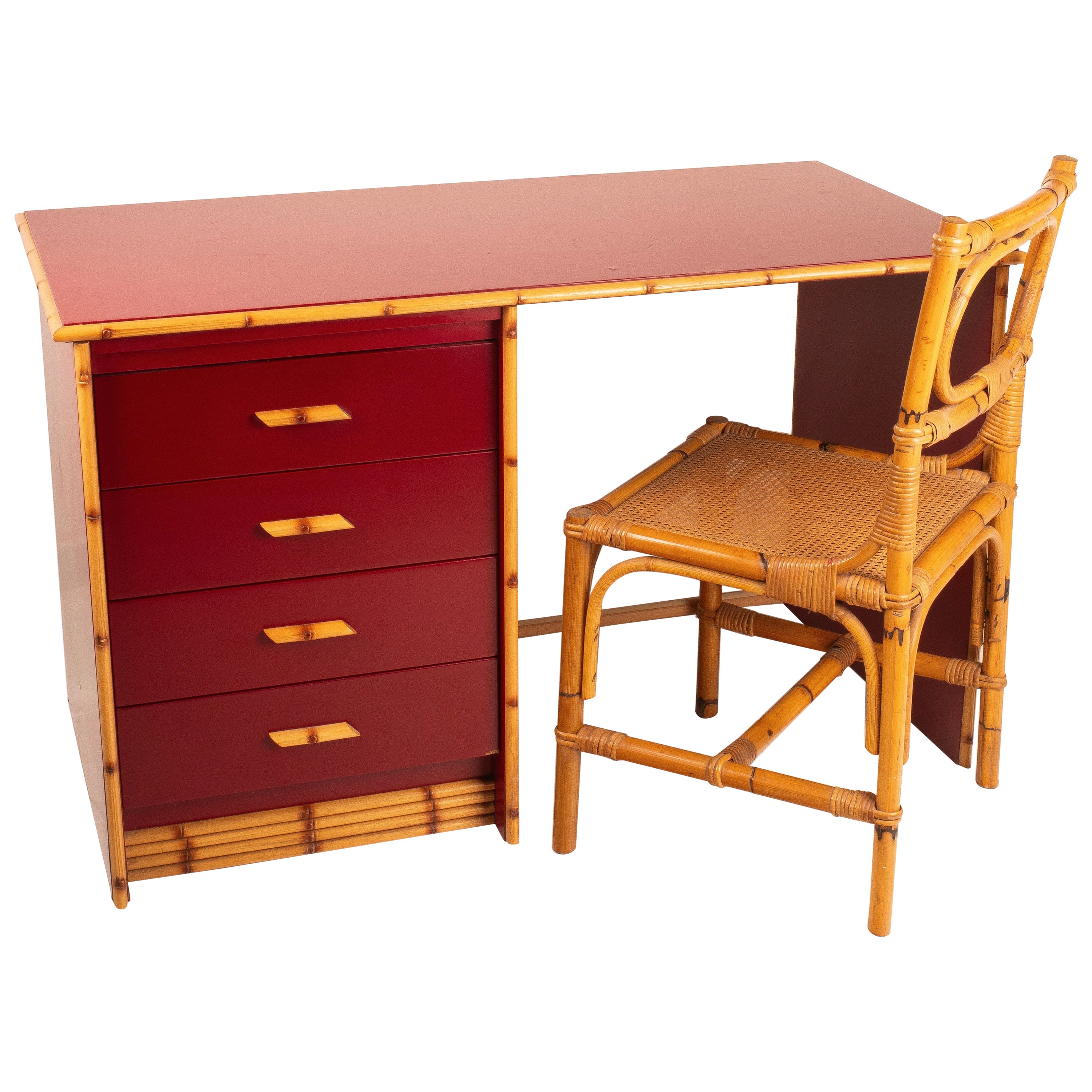 Red Lacquered Desk Set with Bamboo Effect Details with Wicker Chair