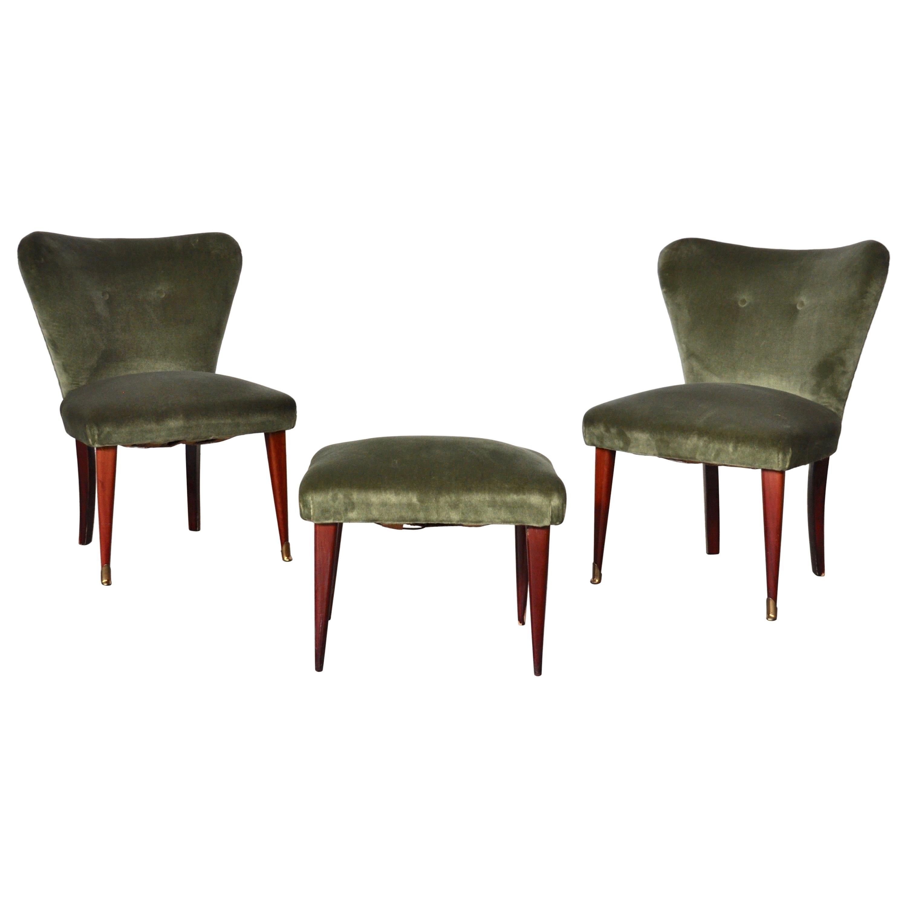 Set Seats and Footstool in Mahogany Wood, Velvet, Brass Dectails, Italy, 1950s For Sale