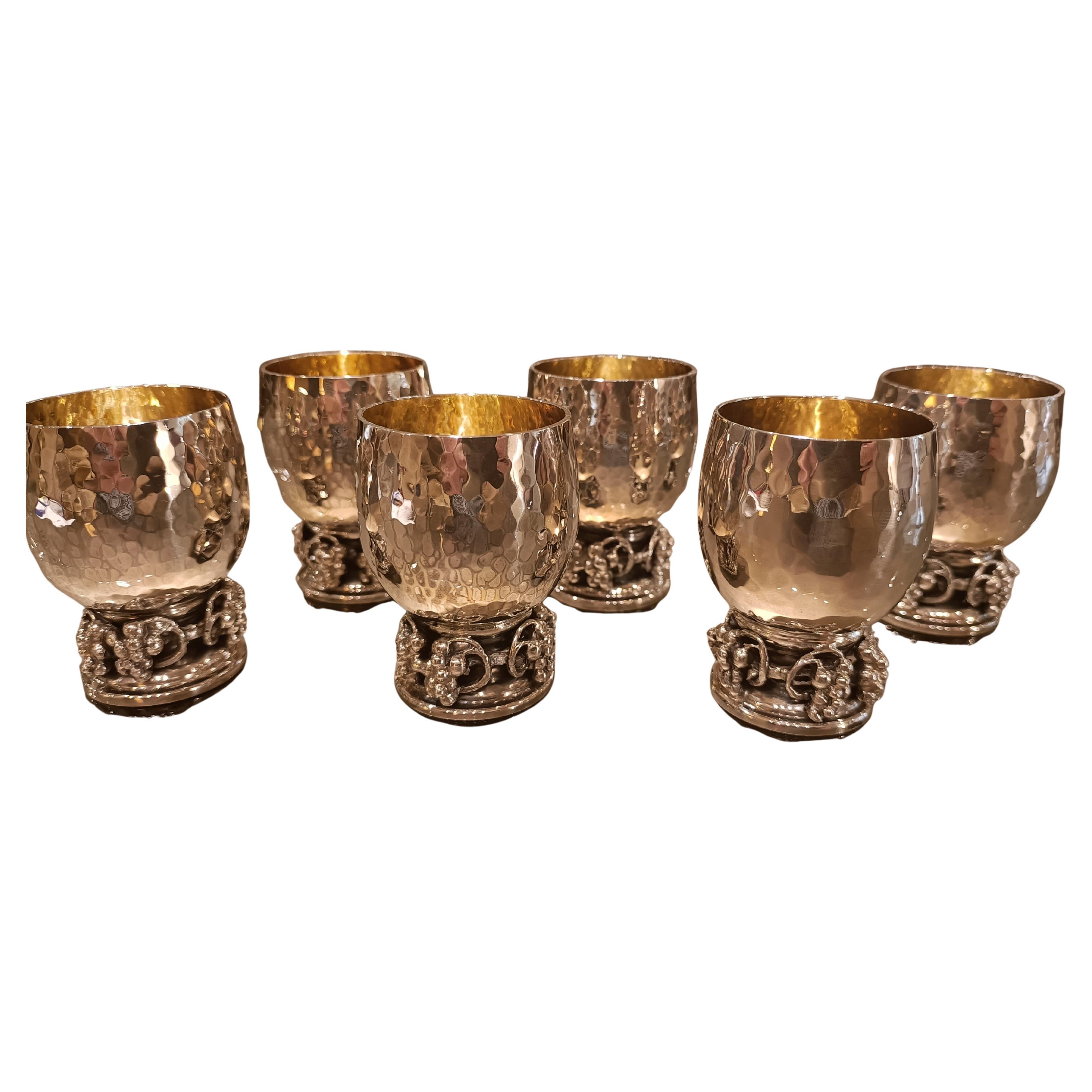 Set of six sterling silver liquor glasses
