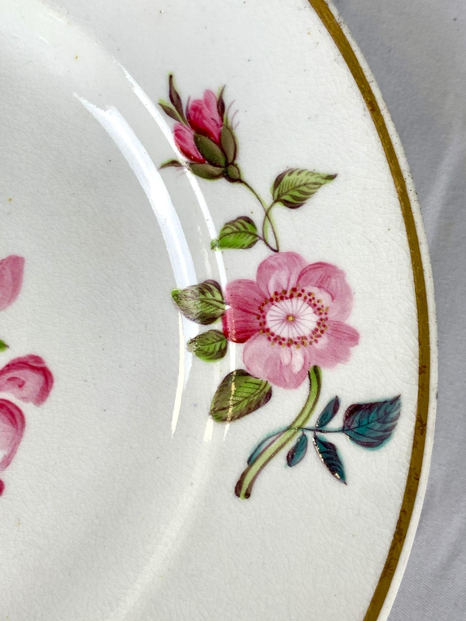 Porcelain Set Seven Derby Dishes Hand Painted with Pink Roses Early 19th Century Ca-1815 For Sale