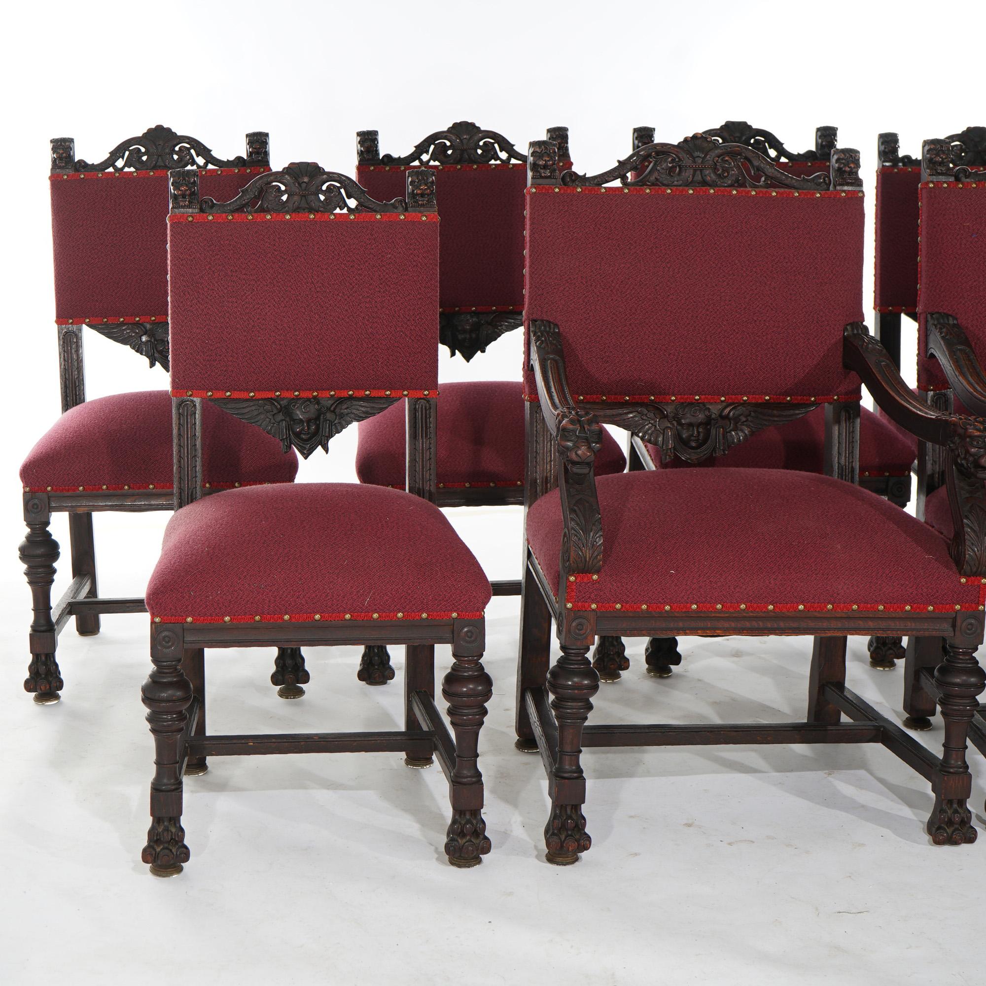 Set Seven Figural RJ Horner Carved Oak Dining Chairs with Lion Head Arms c1900 4