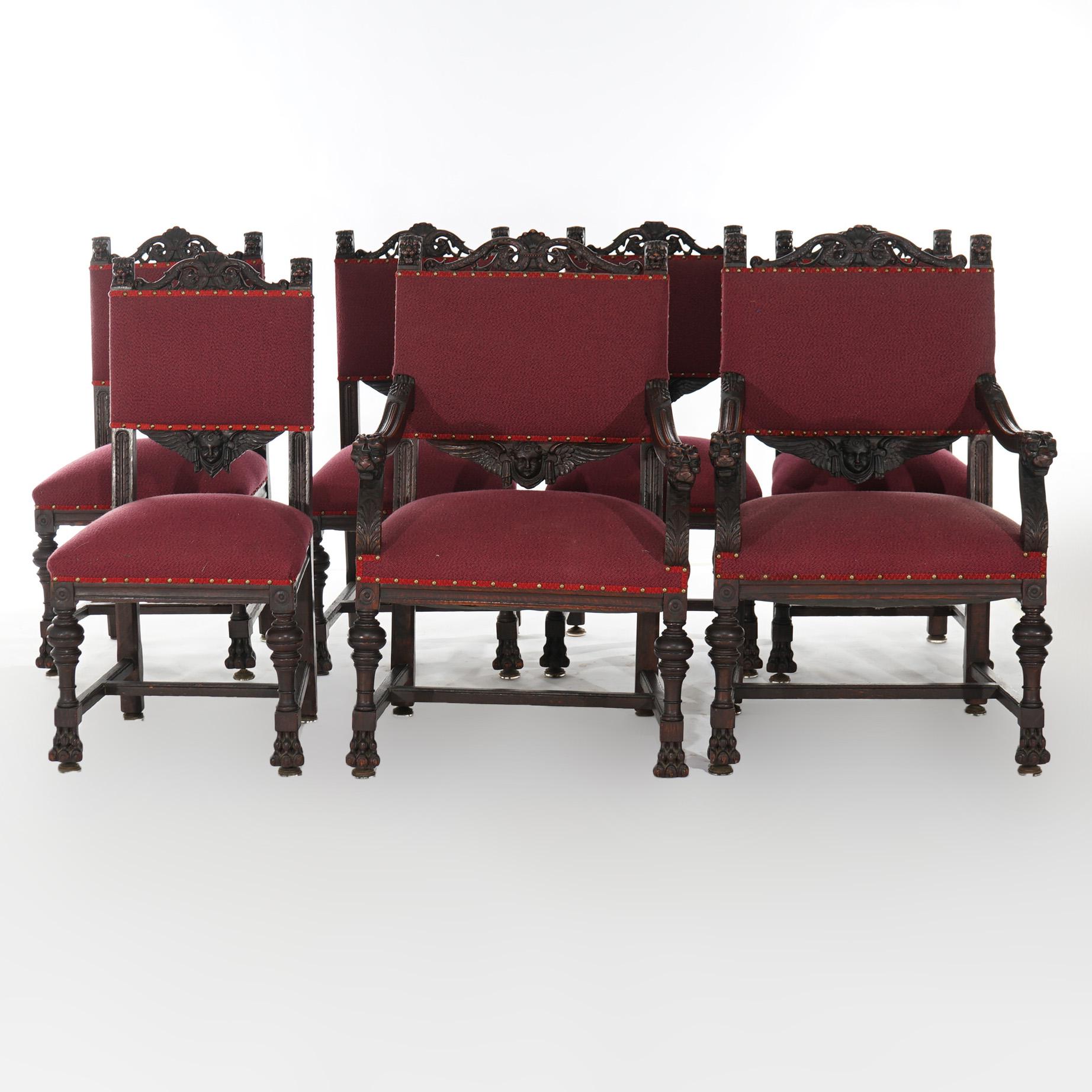 Set Seven Figural RJ Horner Carved Oak Dining Chairs with Lion Head Arms c1900 In Good Condition In Big Flats, NY