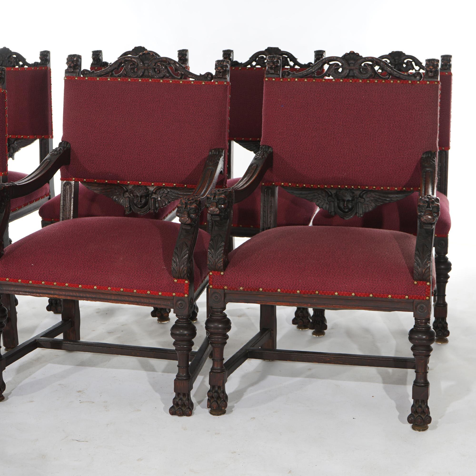 20th Century Set Seven Figural RJ Horner Carved Oak Dining Chairs with Lion Head Arms c1900
