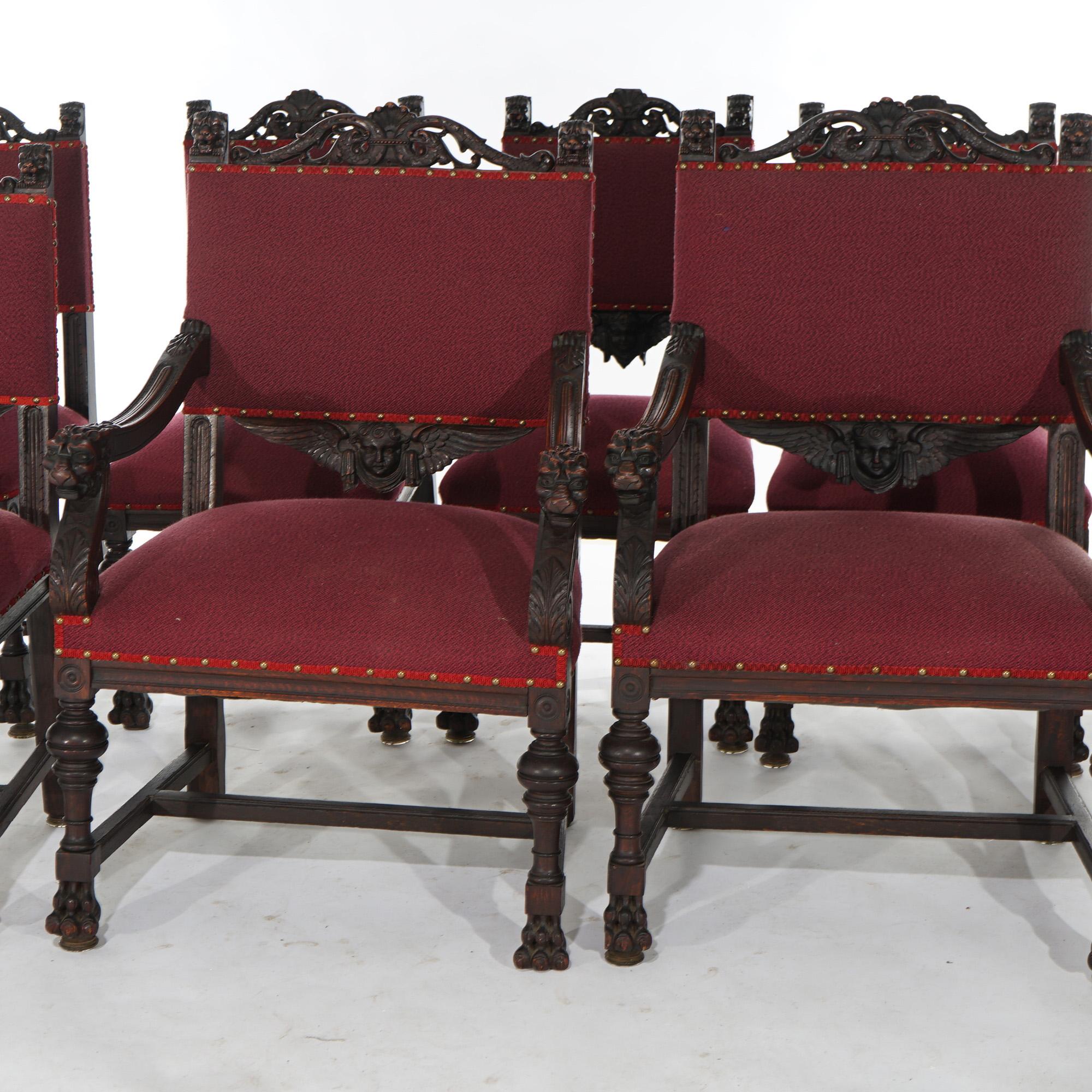 Upholstery Set Seven Figural RJ Horner Carved Oak Dining Chairs with Lion Head Arms c1900