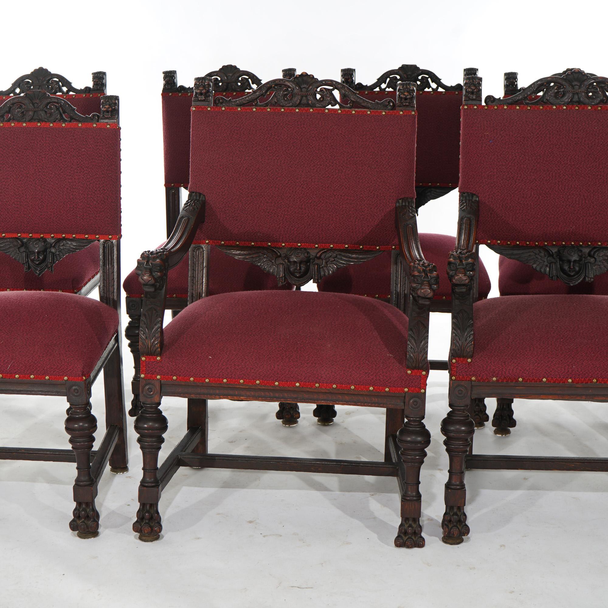 Set Seven Figural RJ Horner Carved Oak Dining Chairs with Lion Head Arms c1900 1