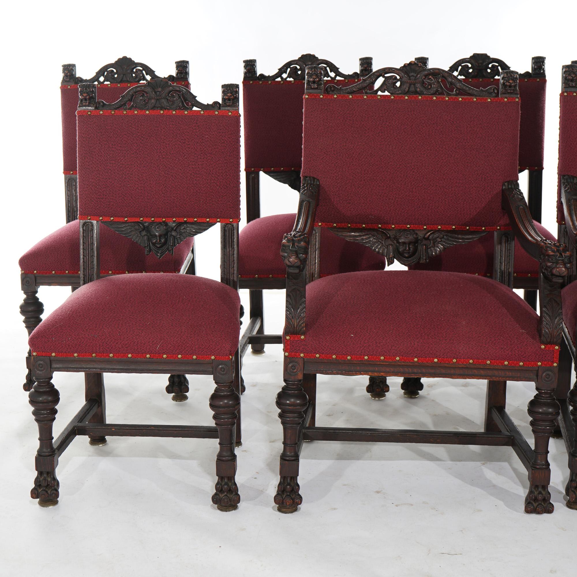 Set Seven Figural RJ Horner Carved Oak Dining Chairs with Lion Head Arms c1900 2