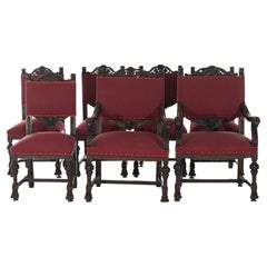 Antique Set Seven Figural RJ Horner Carved Oak Dining Chairs with Lion Head Arms c1900