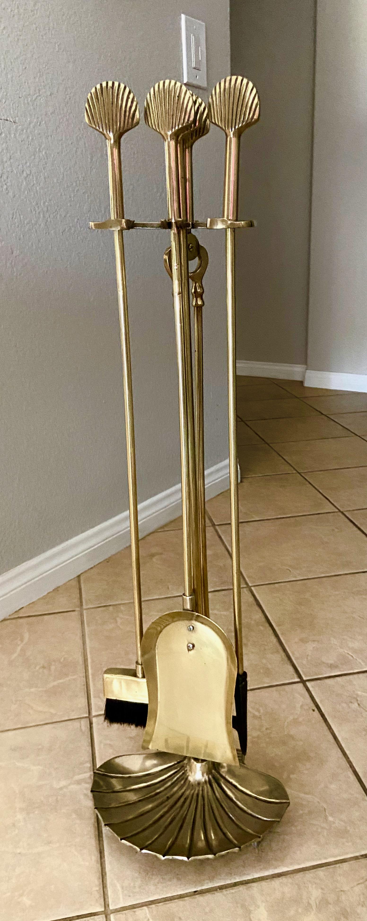 Asian Set Shell Brass Clam Fireplace Tool Set