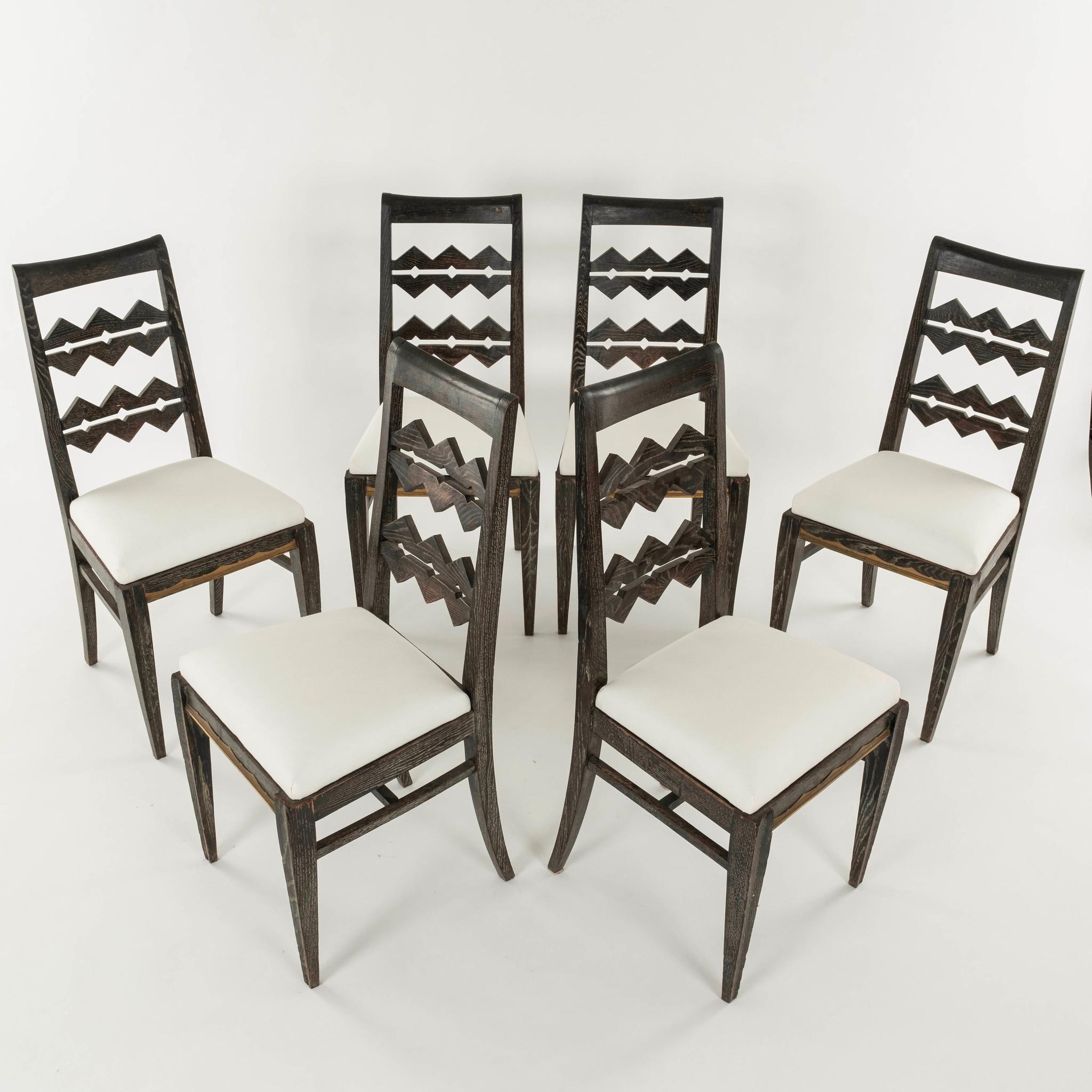 Set Six 1940s Cerused Oak Brass Dining Chairs For Sale 5