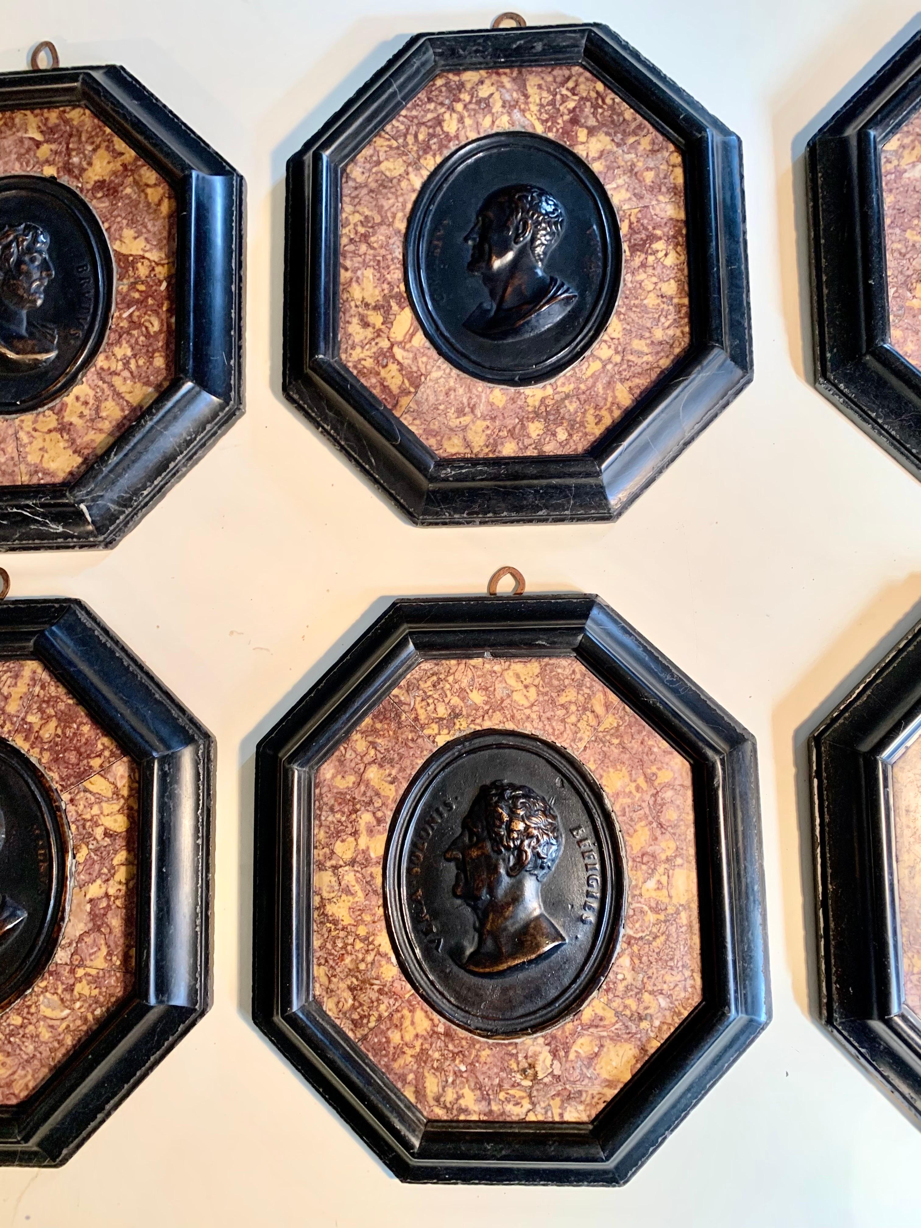 Set Six 19th Century Grand Tour Bronze Portraits Carved Marble Frame For Sale 5