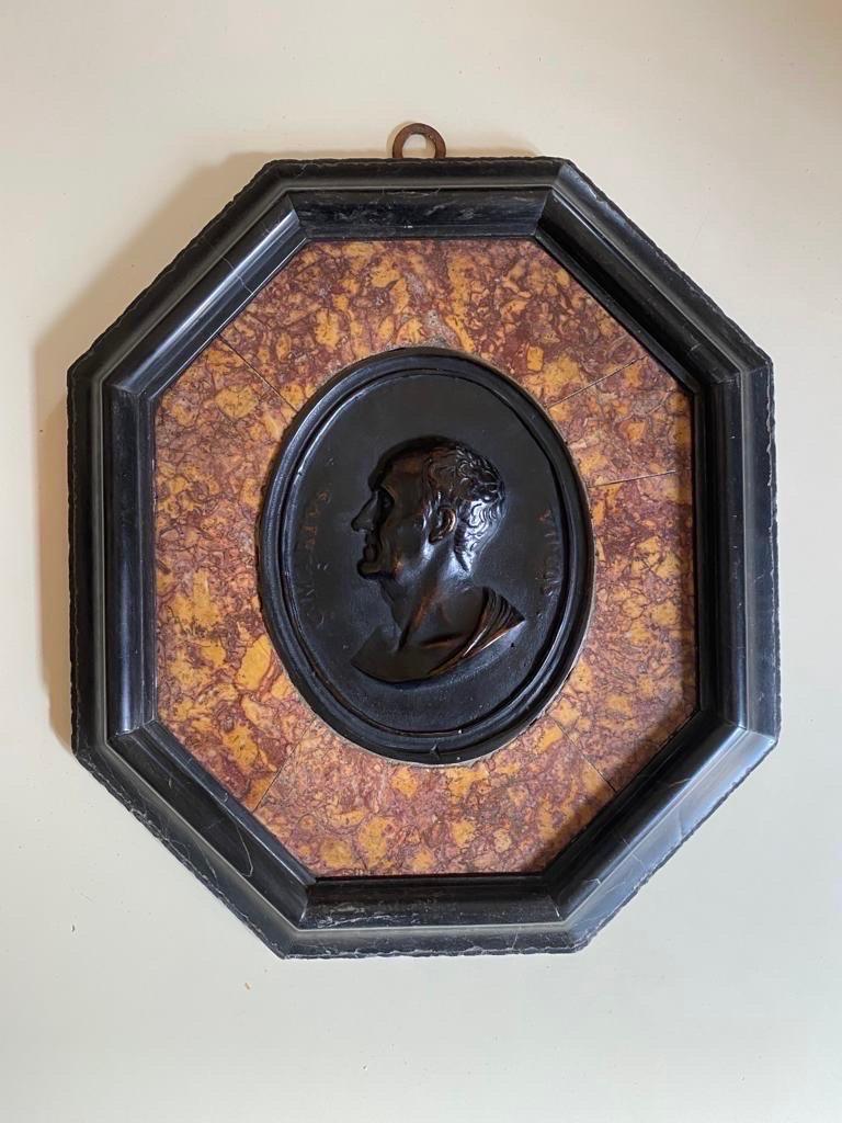 Italian Set Six 19th Century Grand Tour Bronze Portraits Carved Marble Frame For Sale
