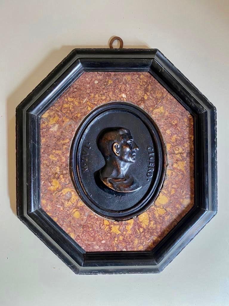 Hand-Carved Set Six 19th Century Grand Tour Bronze Portraits Carved Marble Frame For Sale