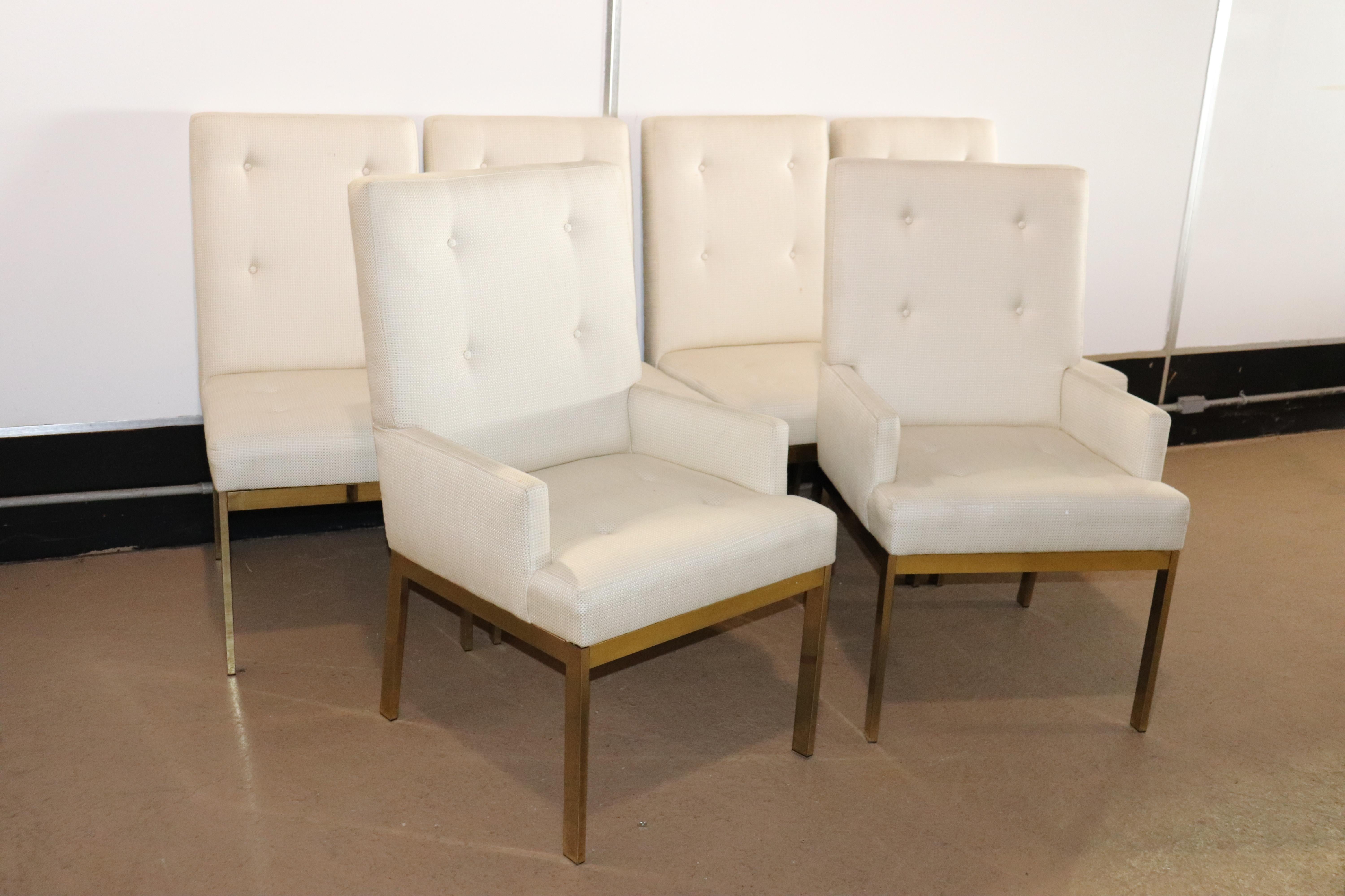This is a nice set of 6 Milo Baughman style dining chairs done in a white textured upholstery and a brass flashed frame meant to copy Milo Baughman. They are in good used condition and date to the 1980s. They each measure 38.5 tall x 26 deep x 23