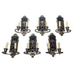 Set Six (6) Silvered Two-Light Sconces in Renaissance Style