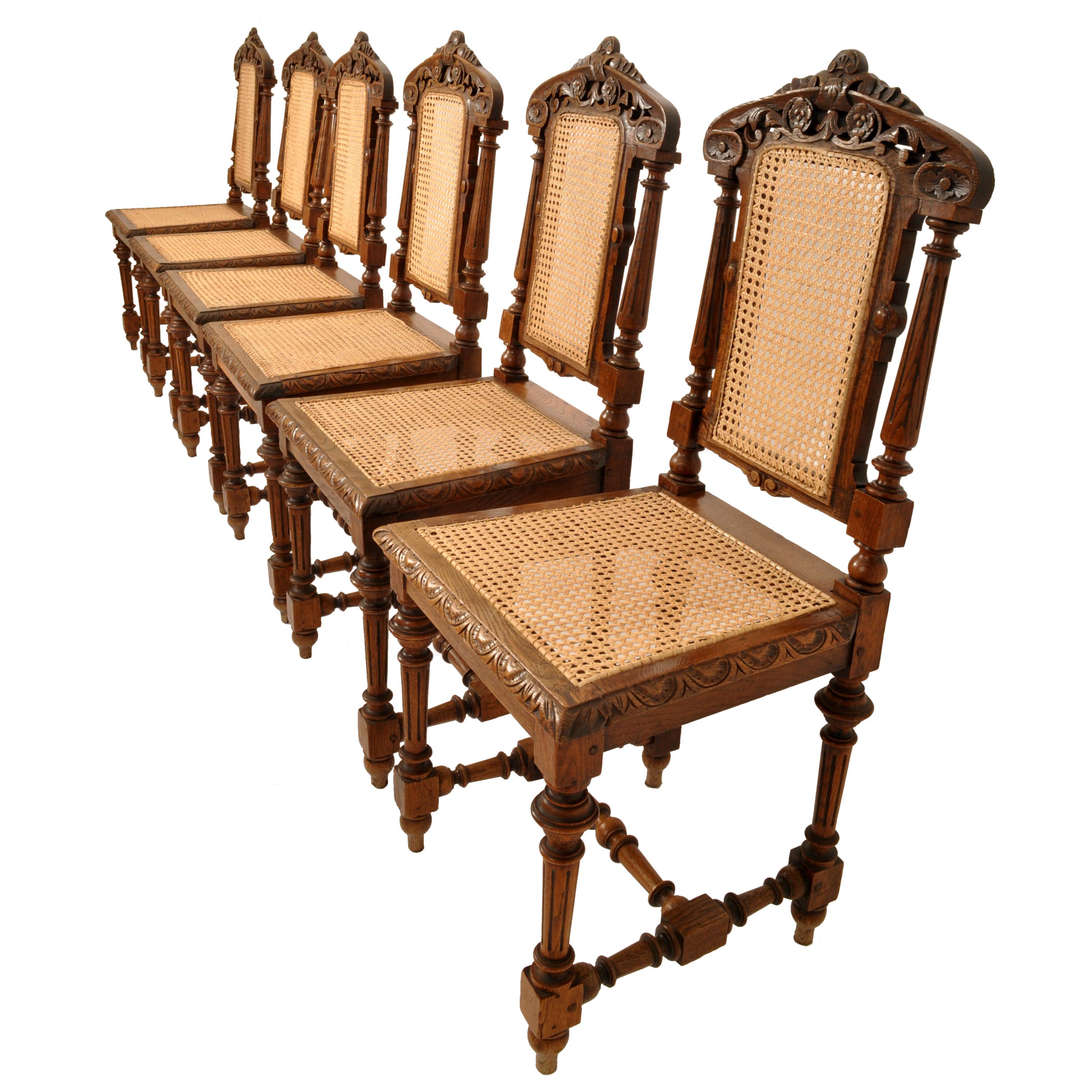 Caning Set Six Antique French Provincial Henri II Carved Oak & Caned Dining Chairs 1880
