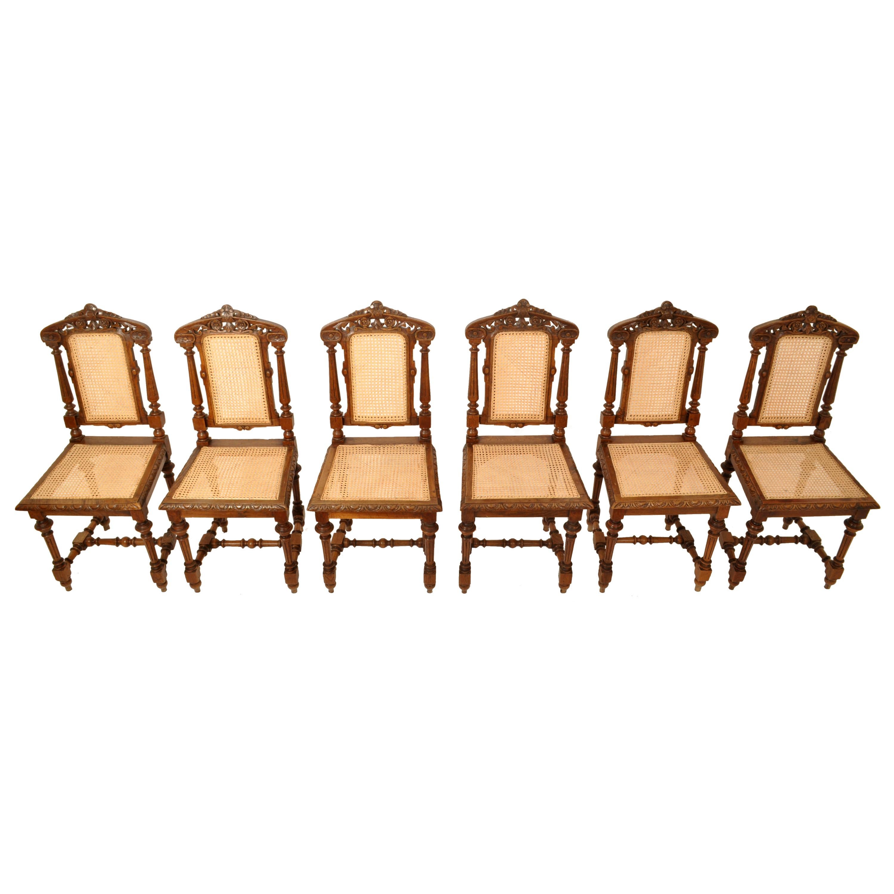 Set Six Antique French Provincial Henri II Carved Oak & Caned Dining Chairs 1880 In Good Condition In Portland, OR