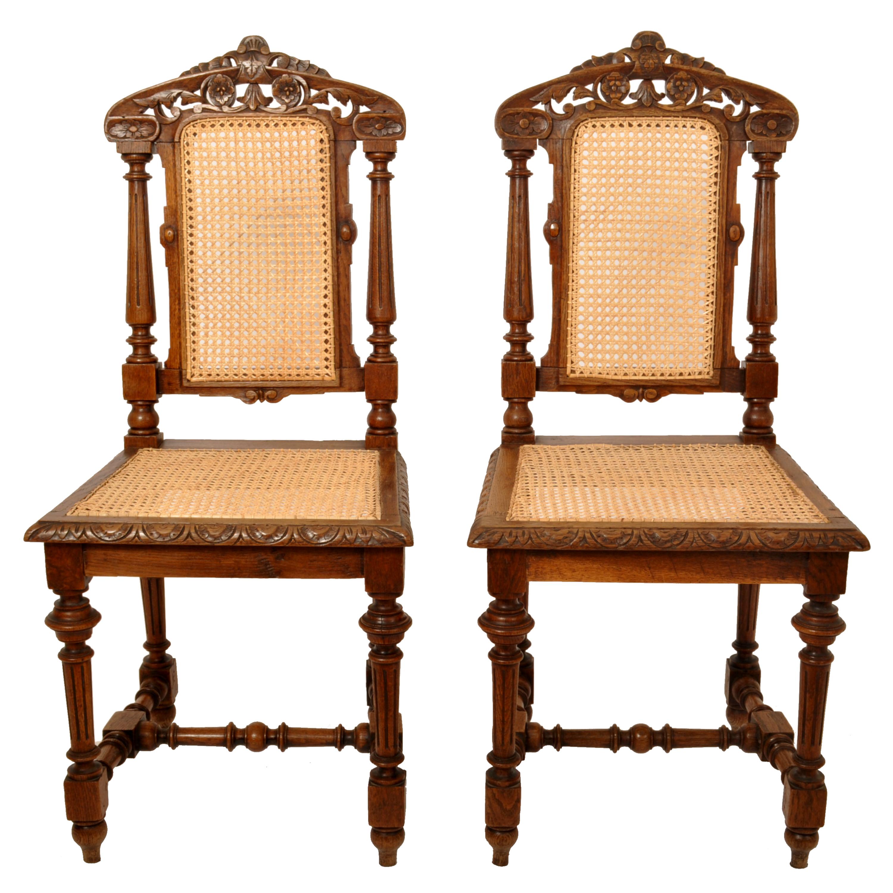 19th Century Set Six Antique French Provincial Henri II Carved Oak & Caned Dining Chairs 1880