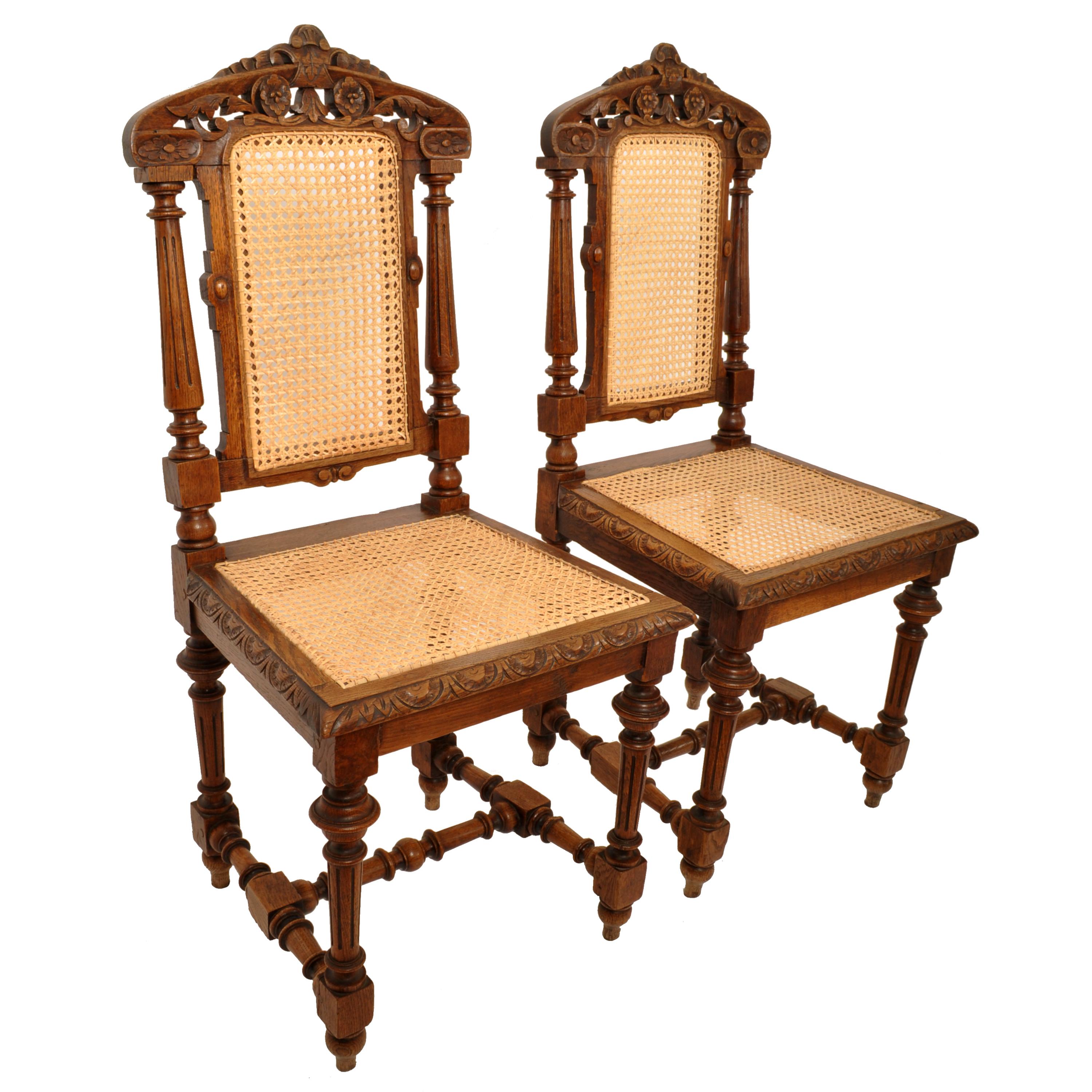 Set Six Antique French Provincial Henri II Carved Oak & Caned Dining Chairs 1880 1