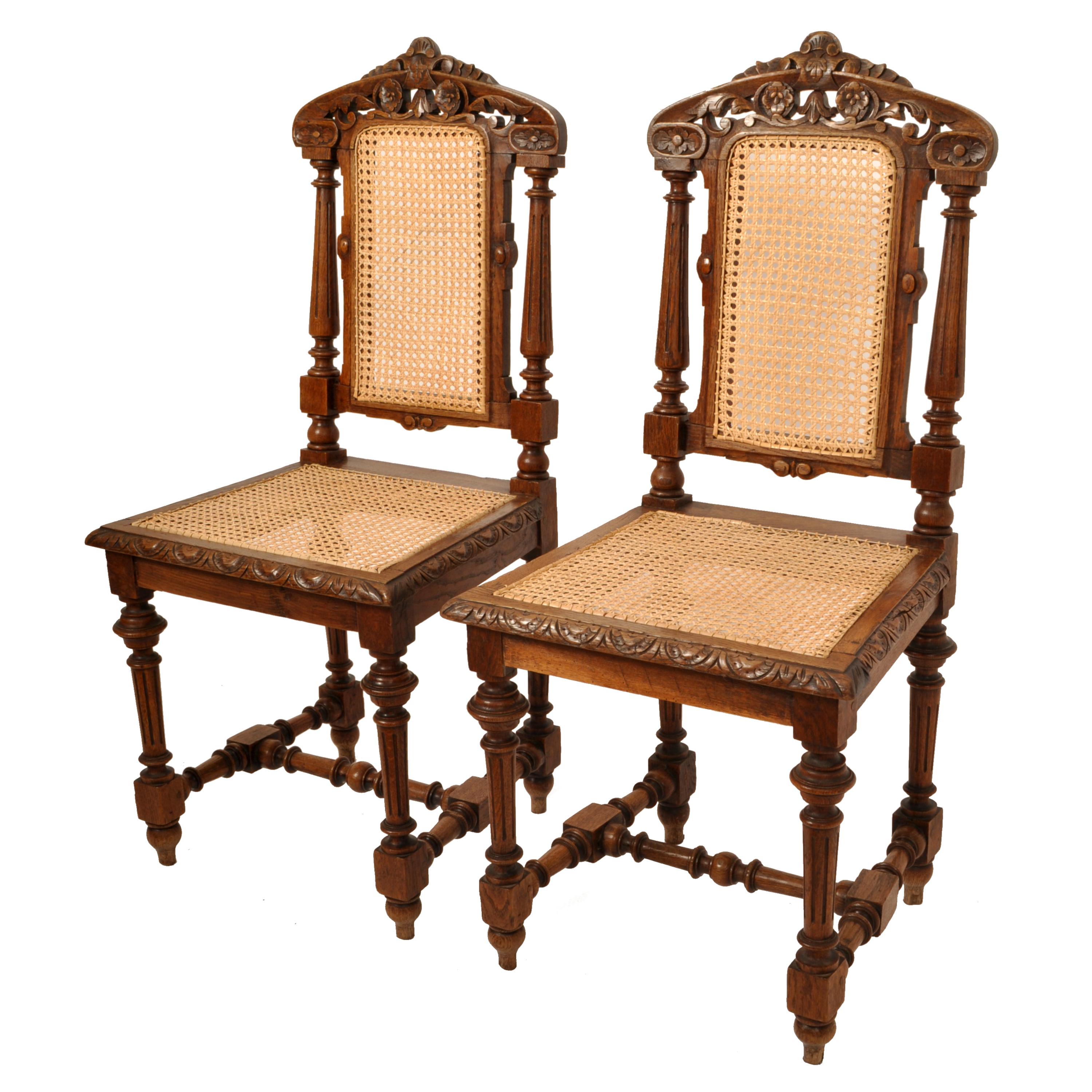 Set Six Antique French Provincial Henri II Carved Oak & Caned Dining Chairs 1880 2