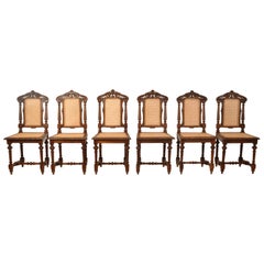 Set Six Antique French Provincial Henri II Carved Oak & Caned Dining Chairs 1880