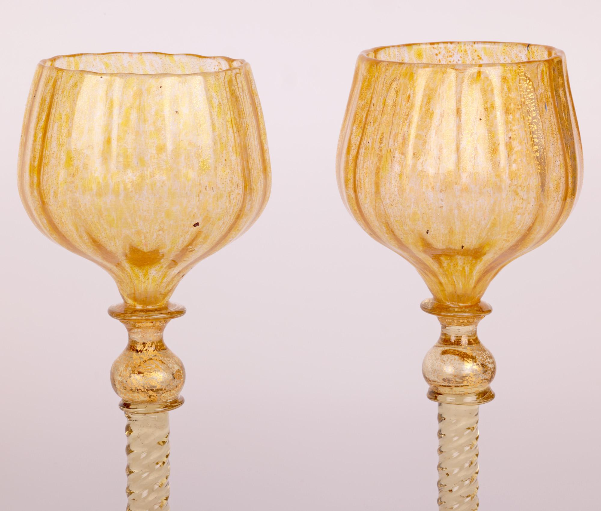 Hand-Crafted Set Six Antique Italian Venetian Salviati Lacework Wine Glasses, circa 1890 For Sale