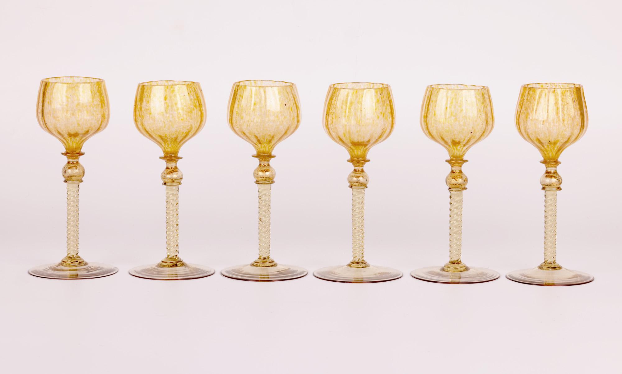 Late 19th Century Set Six Antique Italian Venetian Salviati Lacework Wine Glasses, circa 1890 For Sale