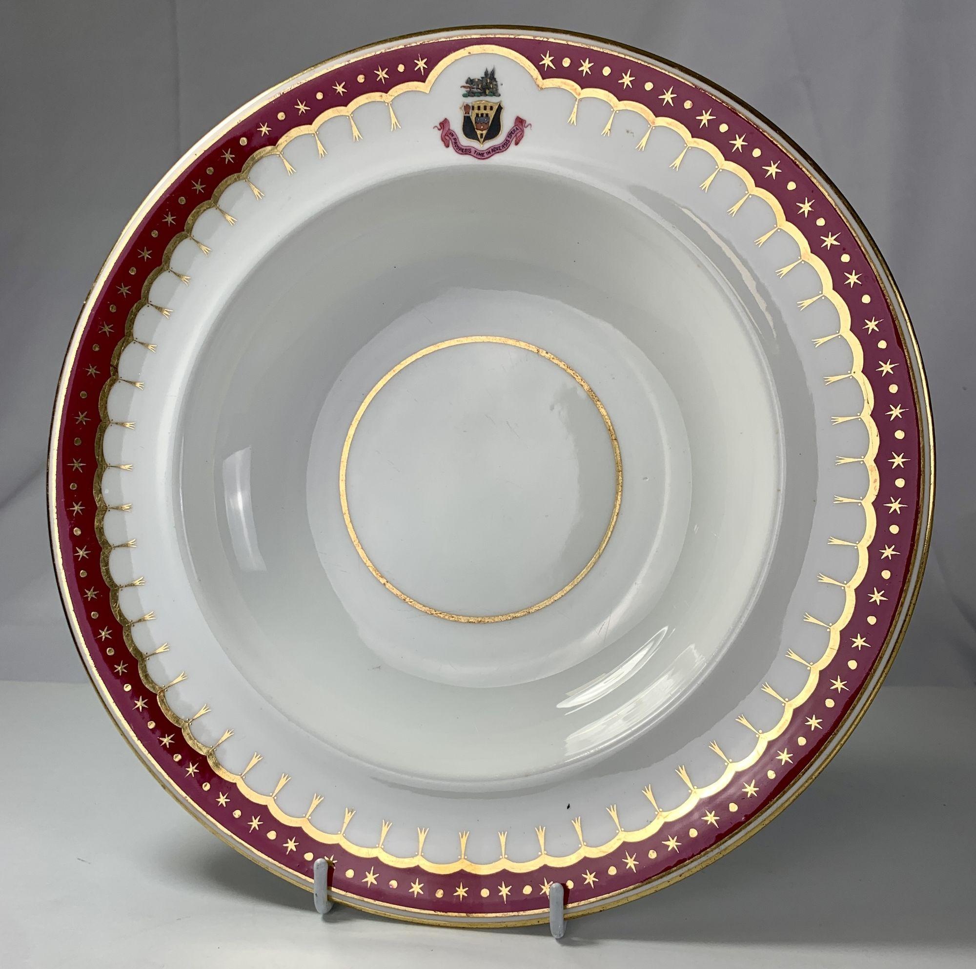 Neoclassical Set Six Antique Porcelain Armorial Soup Plates Burgundy Border