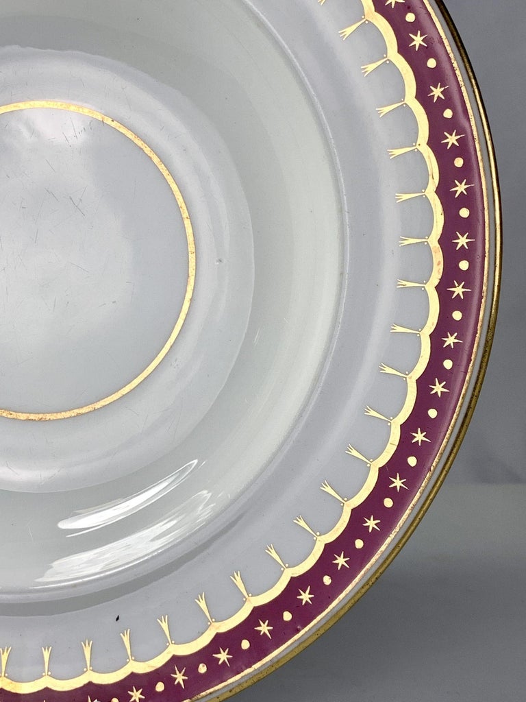 Neoclassical Set Six Antique Porcelain Armorial Soup Plates Burgundy Border For Sale
