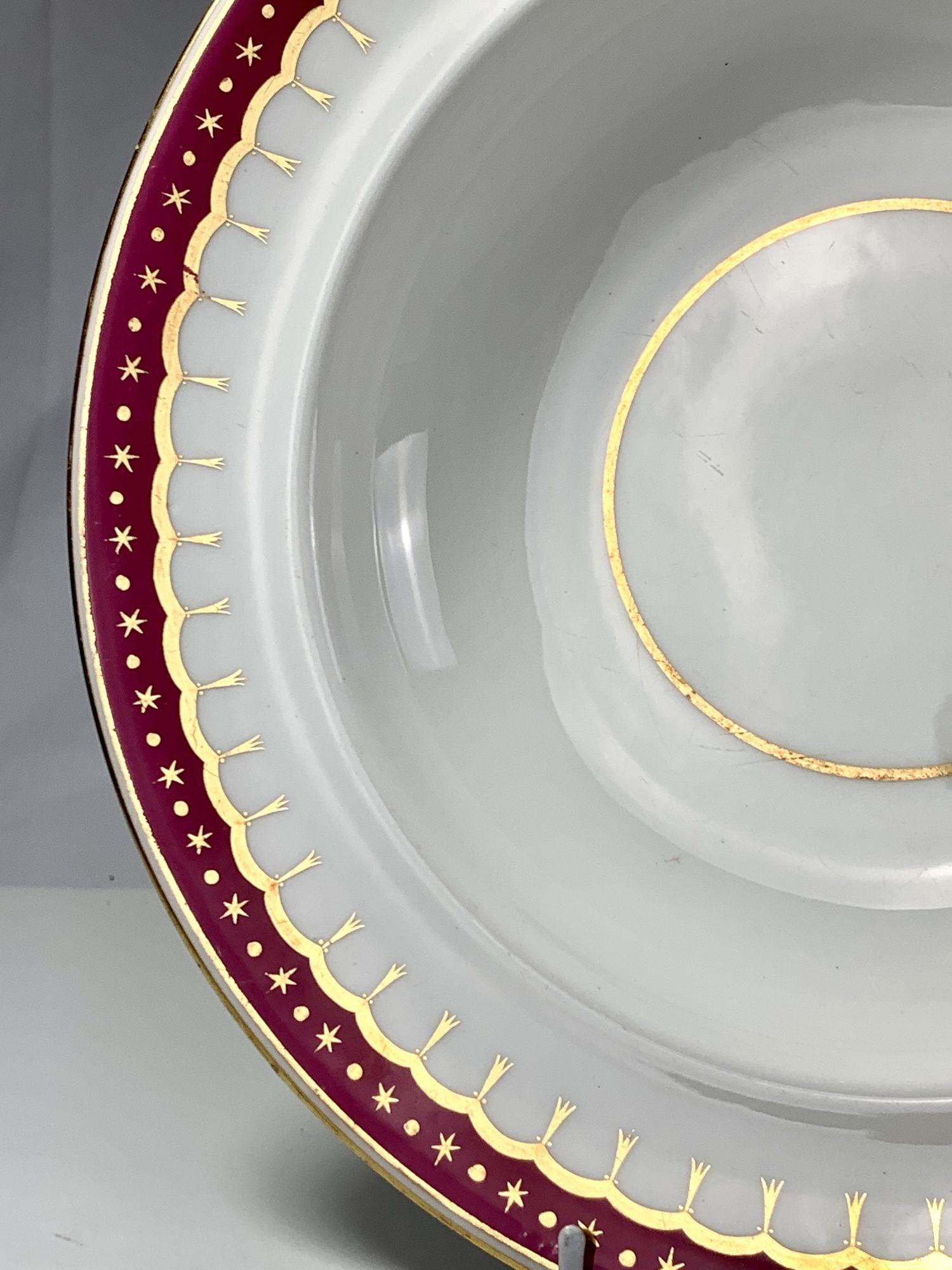 Set Six Antique Porcelain Armorial Soup Plates Burgundy Border In Excellent Condition In Katonah, NY