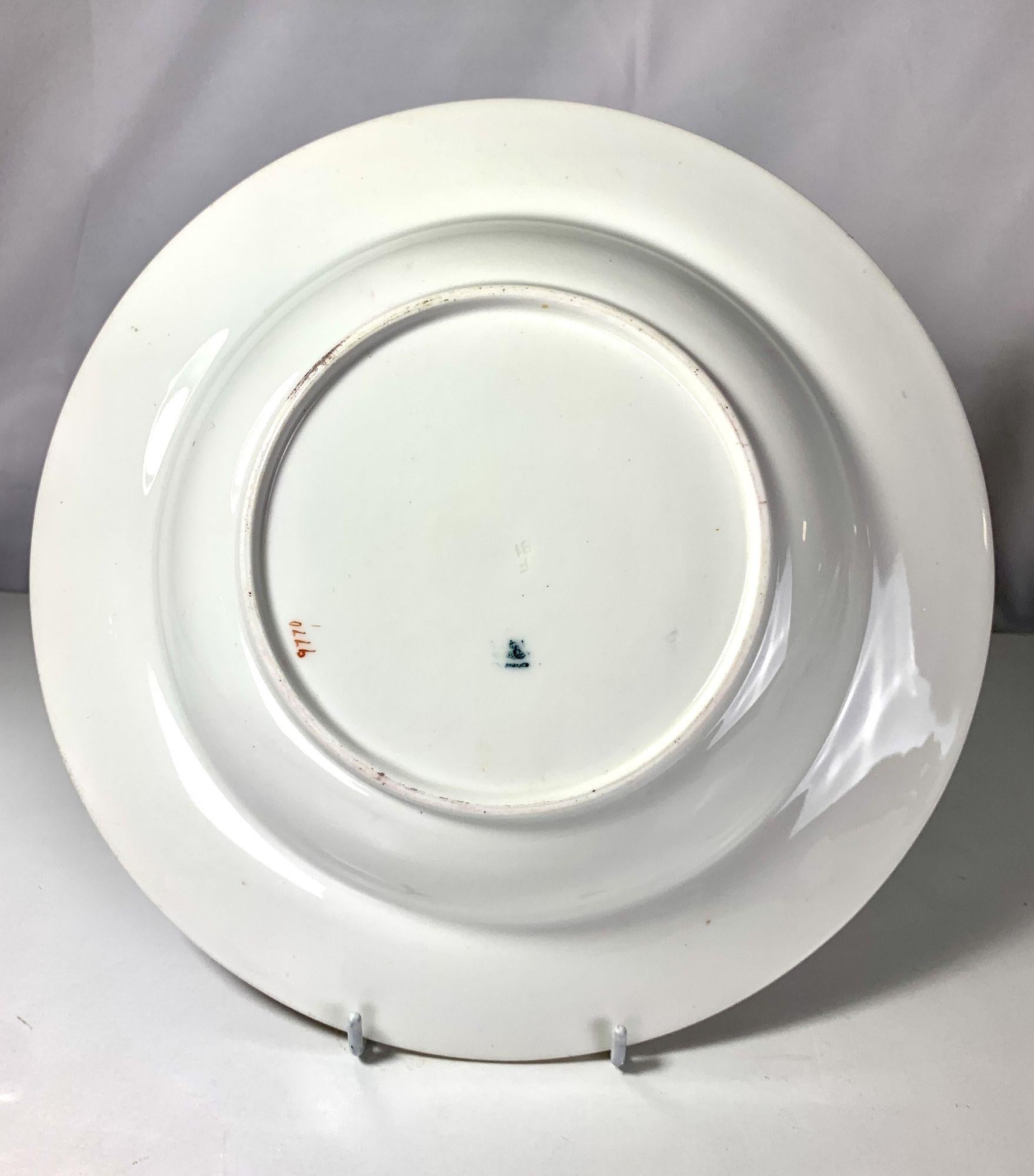 Set Six Antique Porcelain Armorial Soup Plates Burgundy Border 1