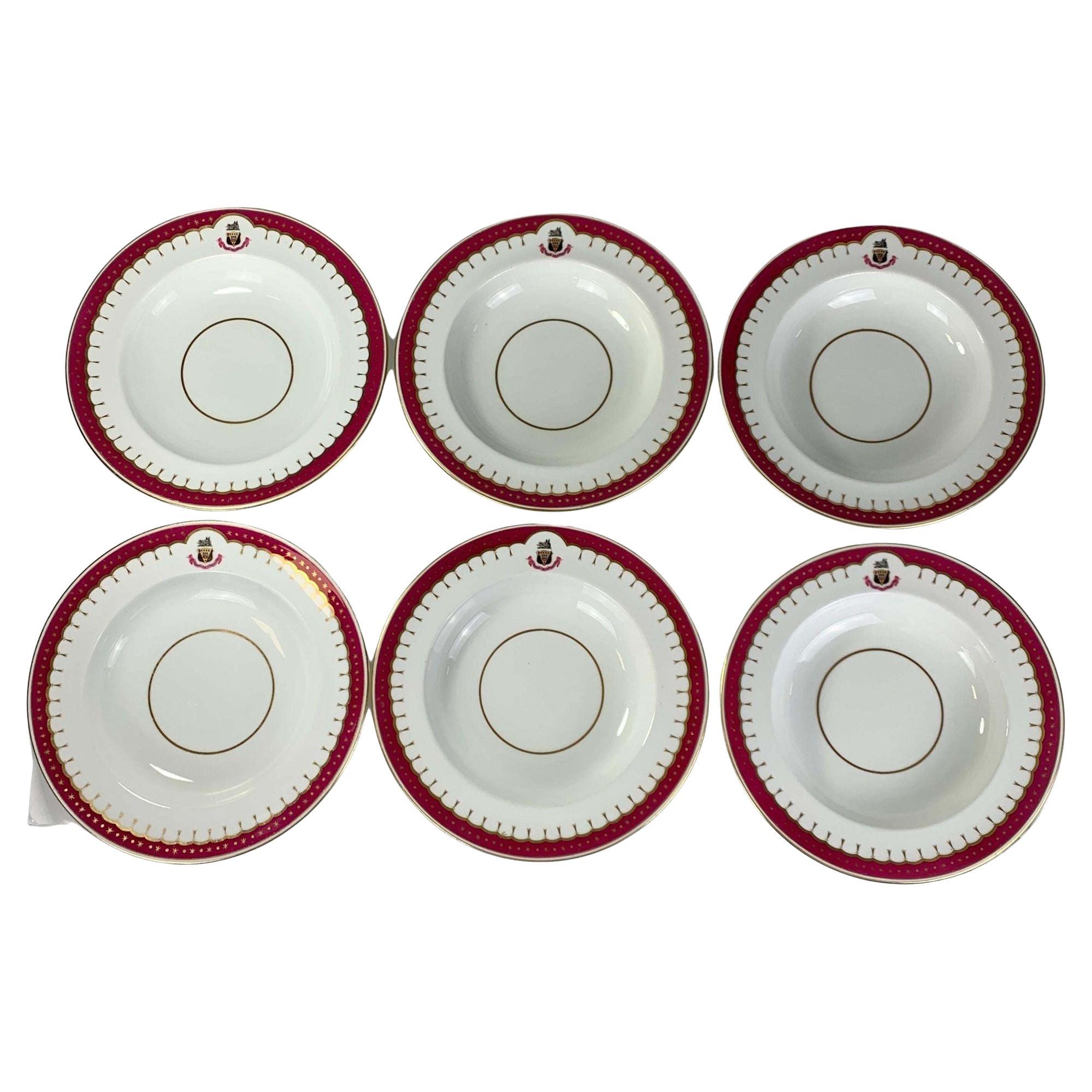 Set Six Antique Porcelain Armorial Soup Plates Burgundy Border