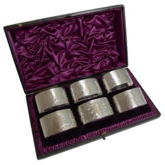 Set Six Cased Antique English Sterling Silver Napkin Rings, Ferns