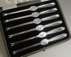 Set Six Cased English Sterling Silver Lobster Picks, 1928