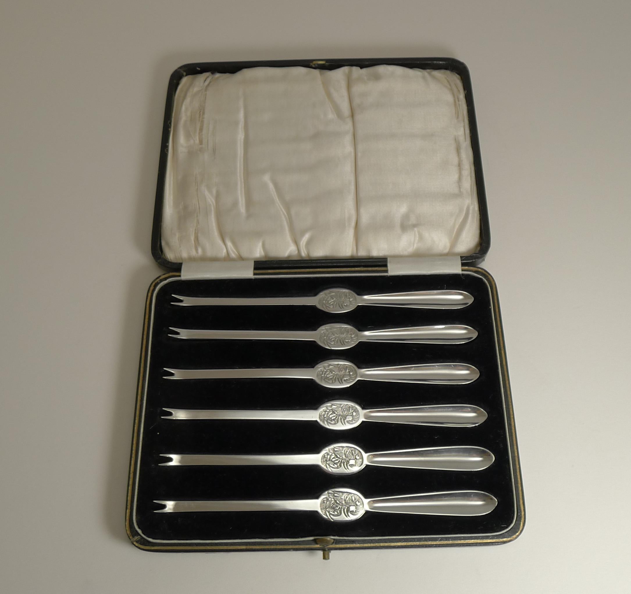 Set Six Cased English Sterling Silver Lobster Picks, 1928 3