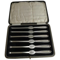 Set Six Cased English Sterling Silver Lobster Picks, 1928