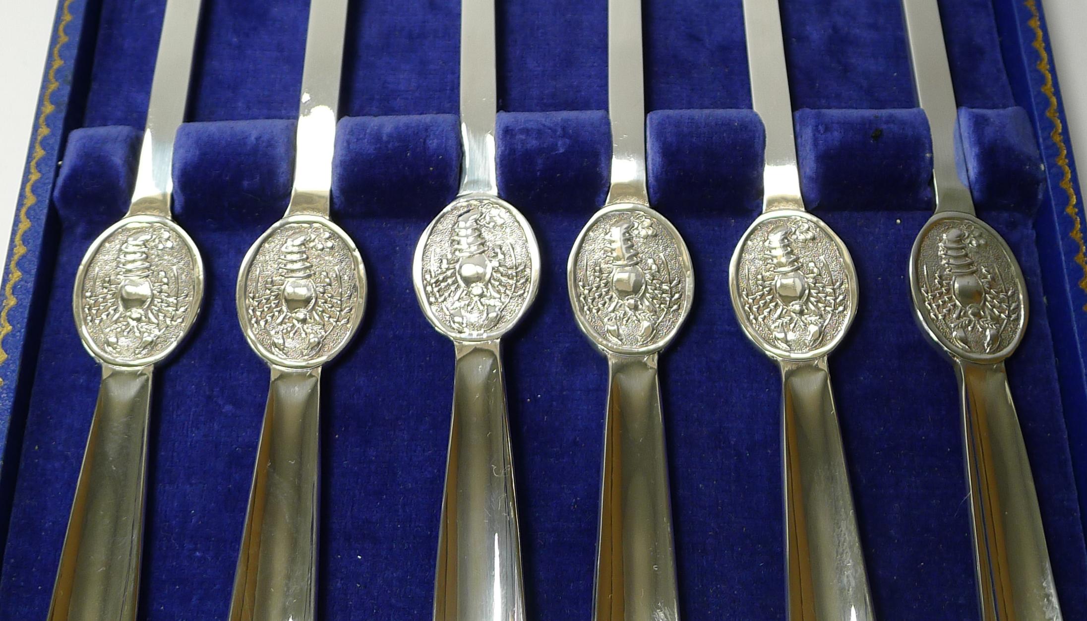 English Set Six Cased Silver Plated Lobster / Seafood Picks, Garrard, London