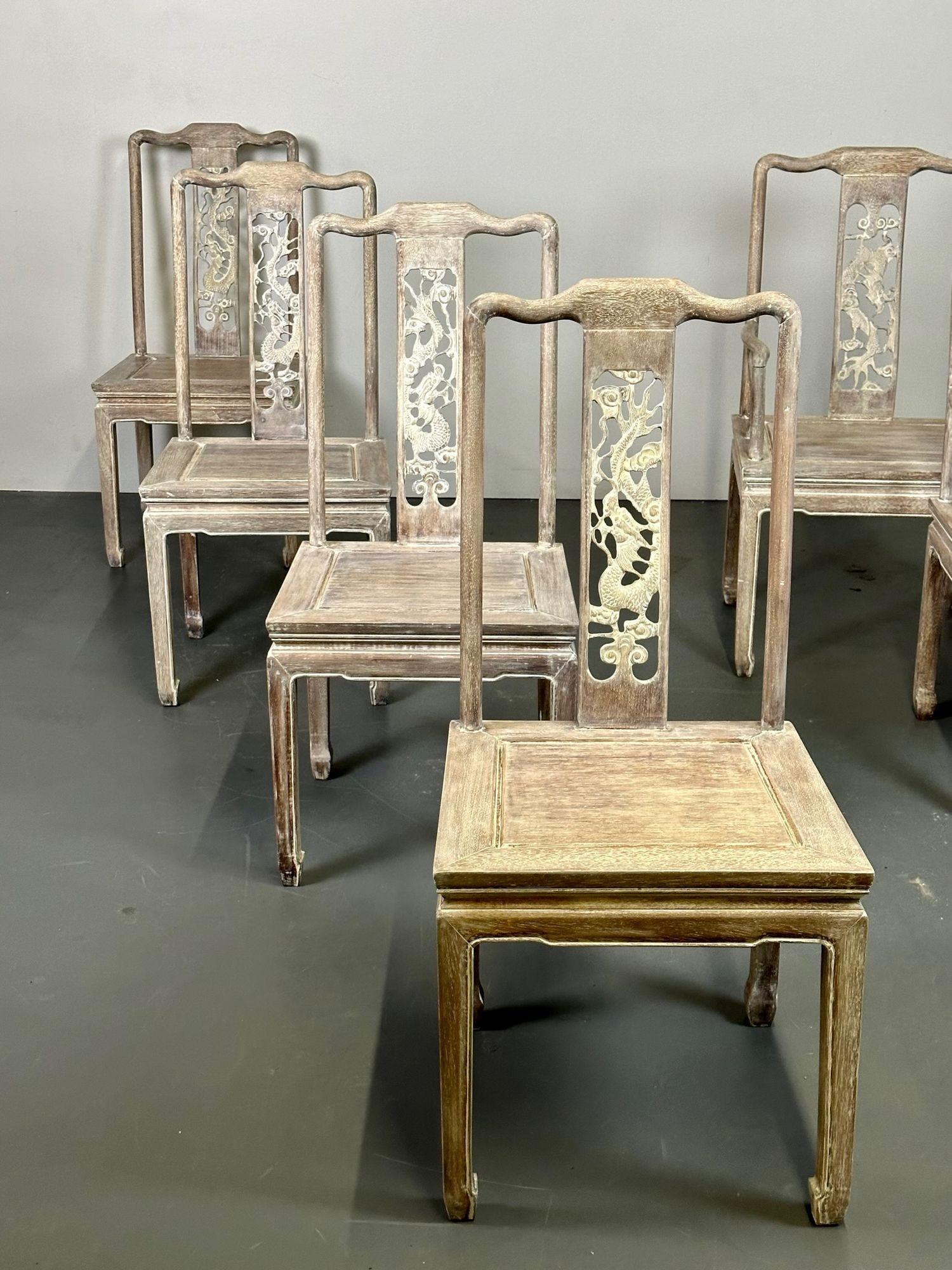 Set Six Chinese Chippendale Whitewashed Dining Chairs, Carved Dragons, Rosewood For Sale 4