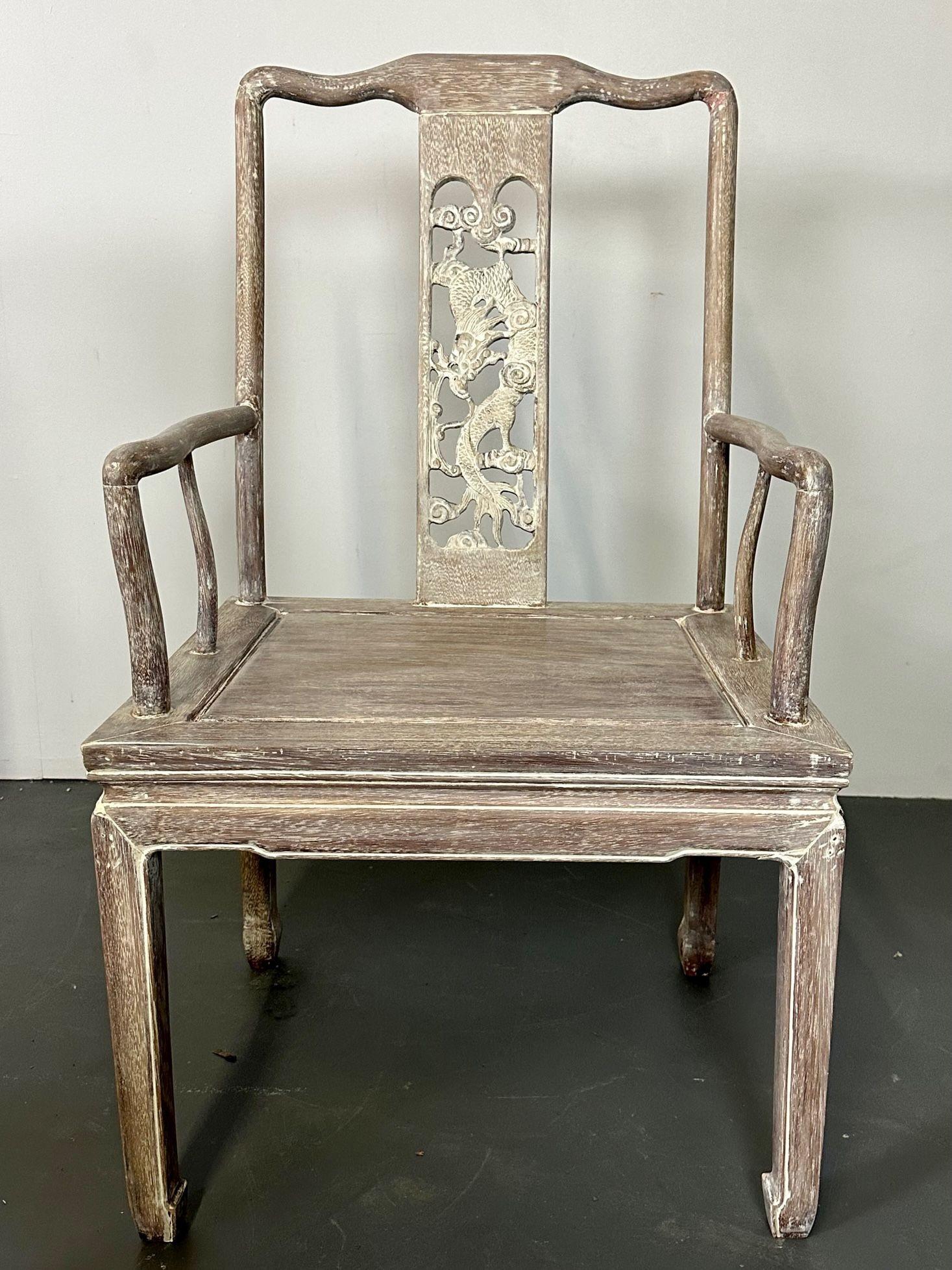 Set Six Chinese Chippendale Whitewashed Dining Chairs, Carved Dragons, Rosewood For Sale 7