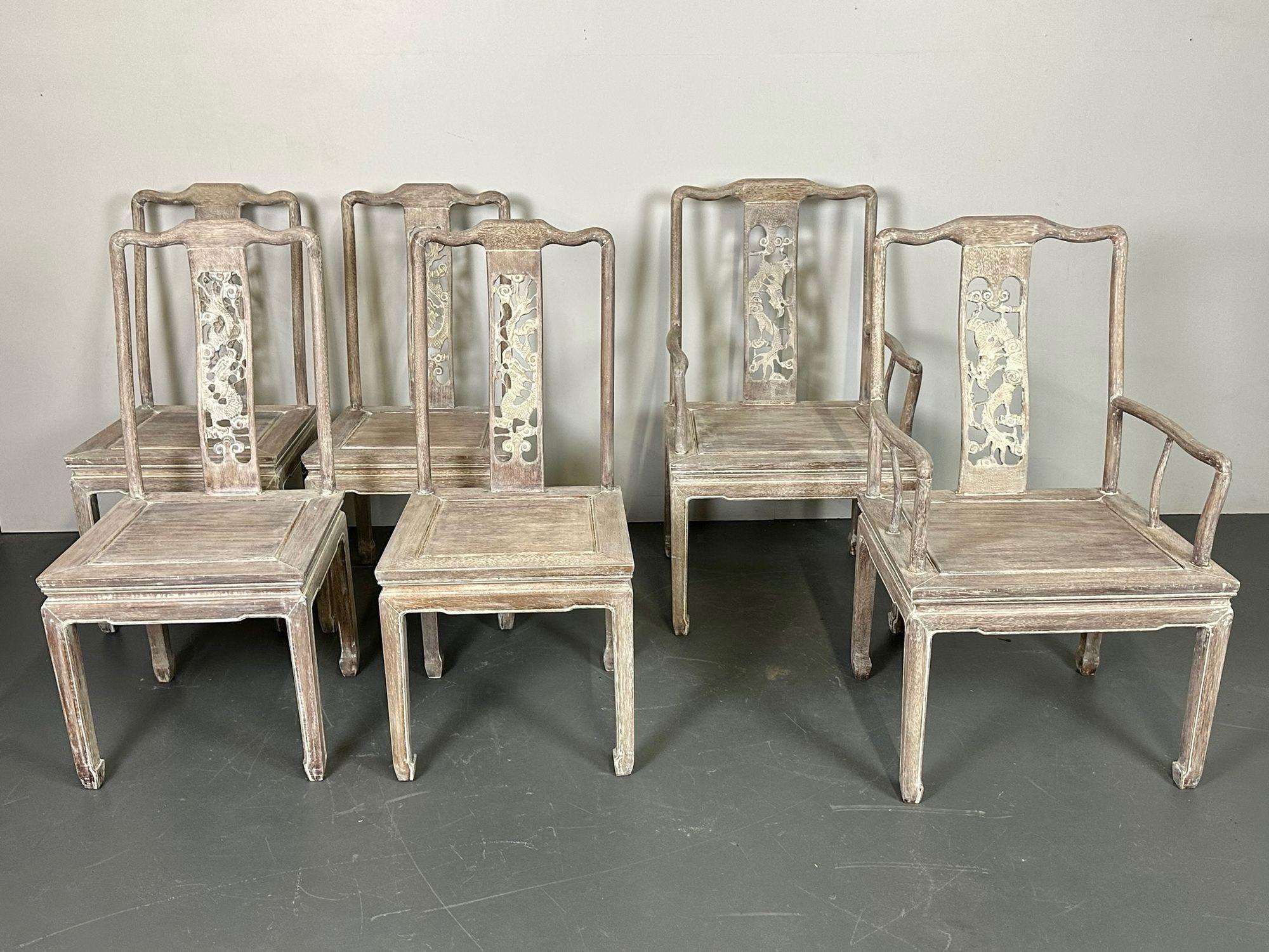 Set of 6 Chinese Carved Whitewashed Dining Chairs, Rosewood, Chippendale Style; Comprised of a pair of arm and four side chairs. Complete with six silk padded seat cushions (see video) having an oriental motif. 
A stunning set of recently