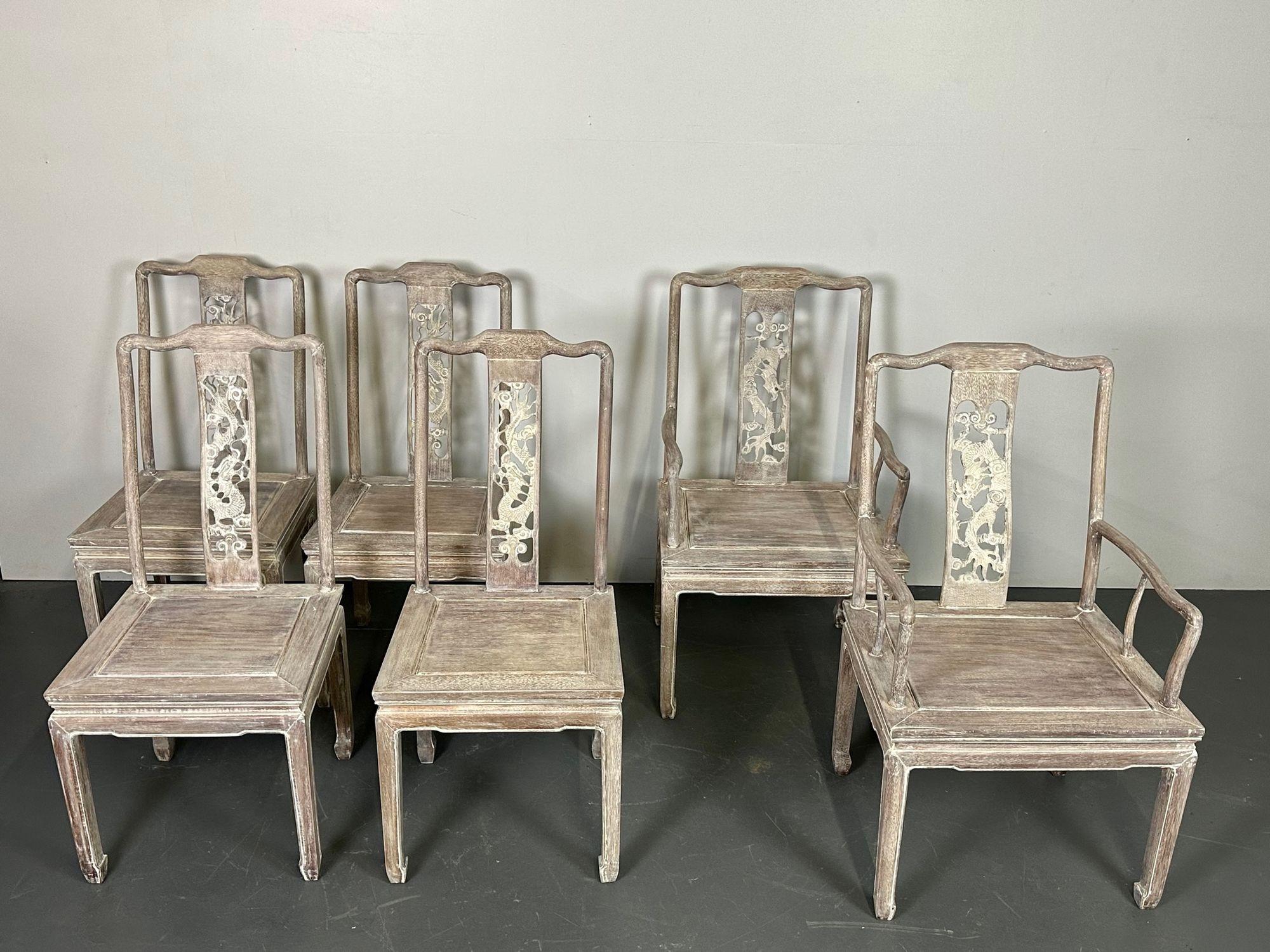 Chinese Export Set Six Chinese Chippendale Whitewashed Dining Chairs, Carved Dragons, Rosewood For Sale
