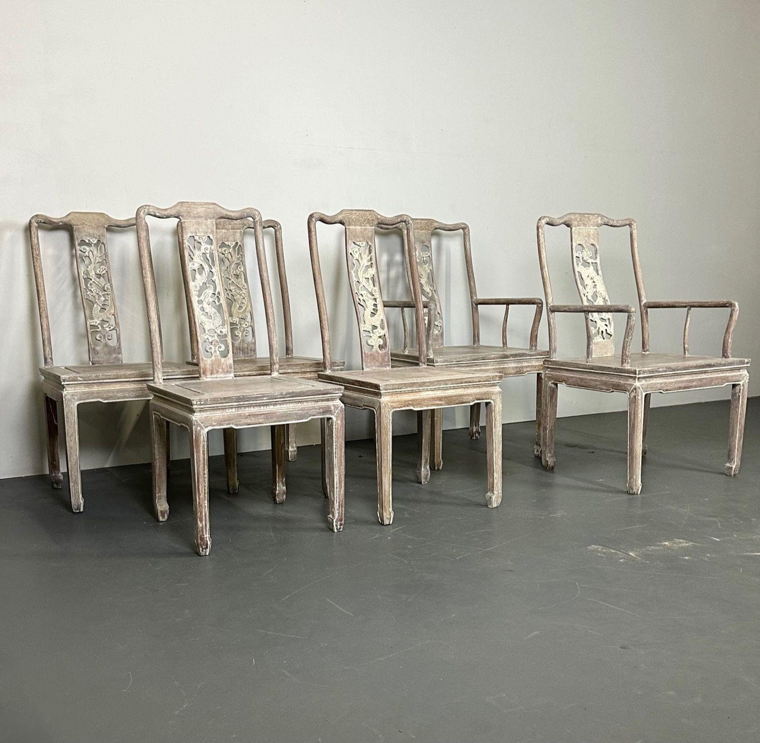 Set Six Chinese Chippendale Whitewashed Dining Chairs, Carved Dragons, Rosewood In Good Condition For Sale In Stamford, CT