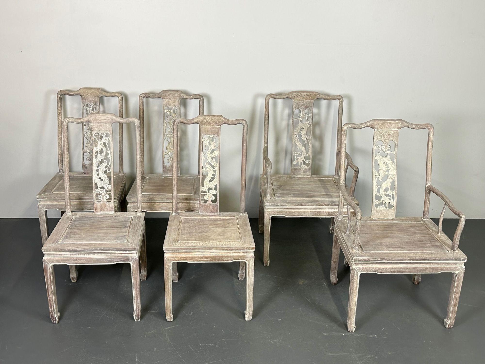 20th Century Set Six Chinese Chippendale Whitewashed Dining Chairs, Carved Dragons, Rosewood For Sale